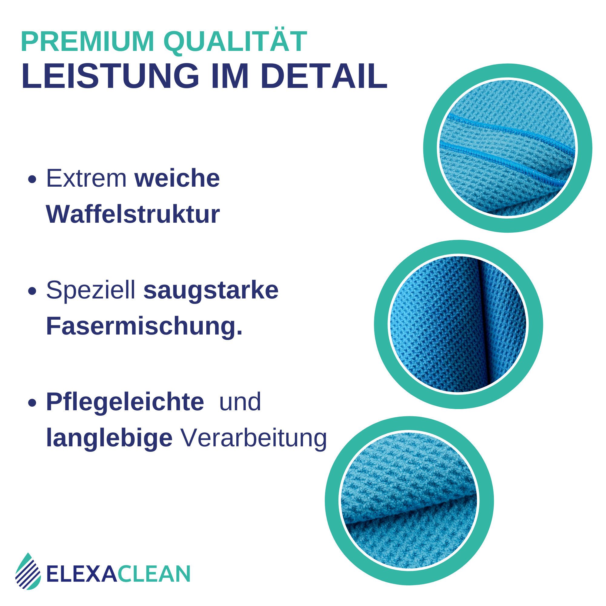ELEXACLEAN Waffeltuch Trockentuch Mikrofasertuch (80% Polyester, 20% Polyamid, Set, 2-tlg., 60x40 cm, streifenfrei, fusselfrei, saugstark)