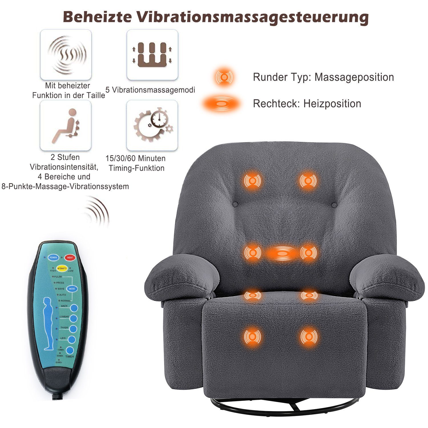 (Wohnzimmersessel, Massagesessel SPLOE 360° Heimkino-Loungesesse), Relaxsessel 360°-Drehsessel Massagesessel Grau Loungesessel Drehfunktion HAUSS und Timer mit