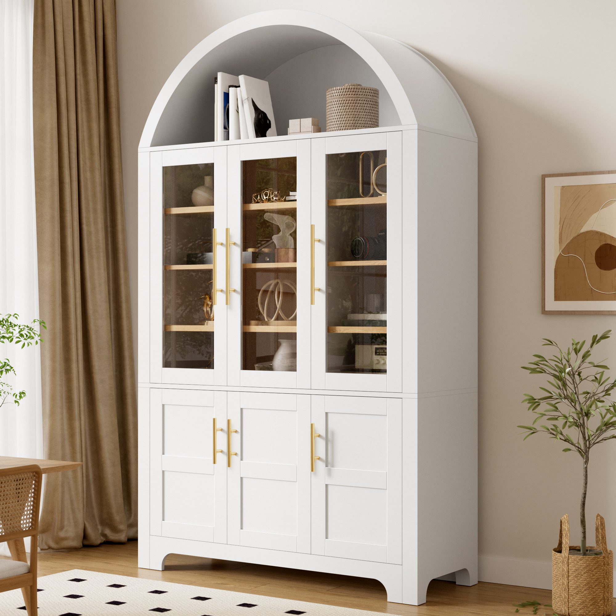 Merax Hochschrank mit 3 Glastüren, 3 geschlossenen Fächern & verstellbaren Einlegeböden (110 L x 40 B x 185 H cm, 1-St) Vitrinenschrank mit Bogen-Nische, Mehrzweckschrank, Wohnzimmerschrank