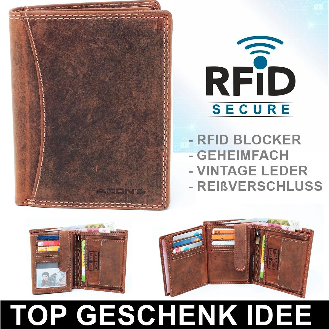 Schutz Herren RFID SHG Brieftasche mit Münzfach Portemonnaie Leder Geldbörse Lederbörse Männerbörse Geldbeutel Börse RFID, Geldbörse