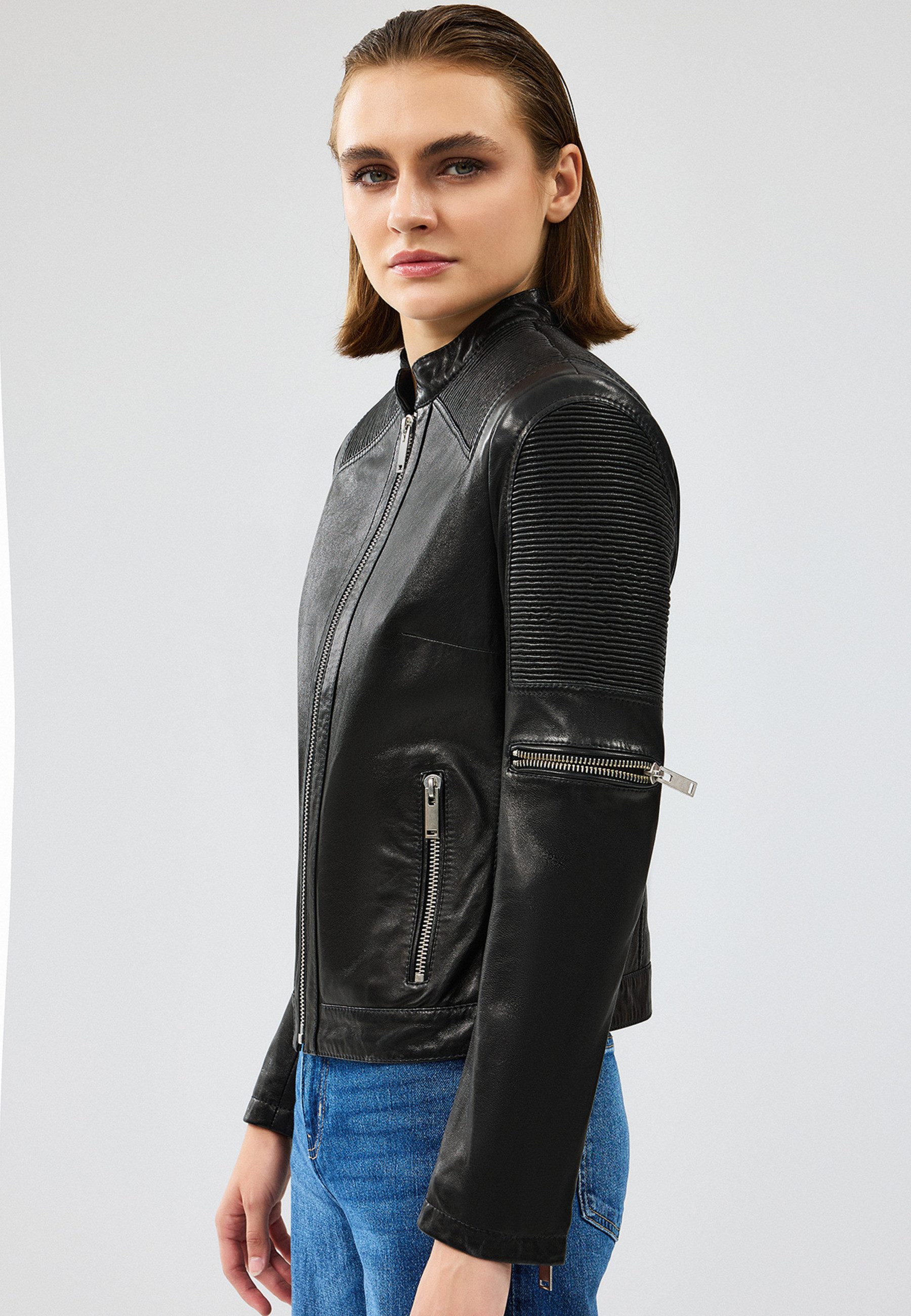 Derimod Lederjacke Firenze Kurze Lederjacke Regular Fit, Reißverschluss, Stehkragen, Kurz, Textilfutter