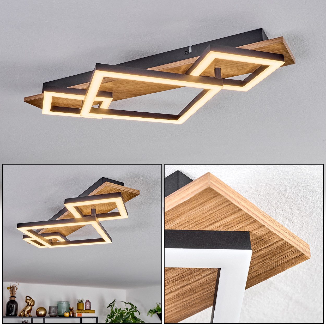 hofstein Deckenleuchte Deckenlampe aus Metall/Kunststoff in Schwarz/Holzopt günstig online kaufen
