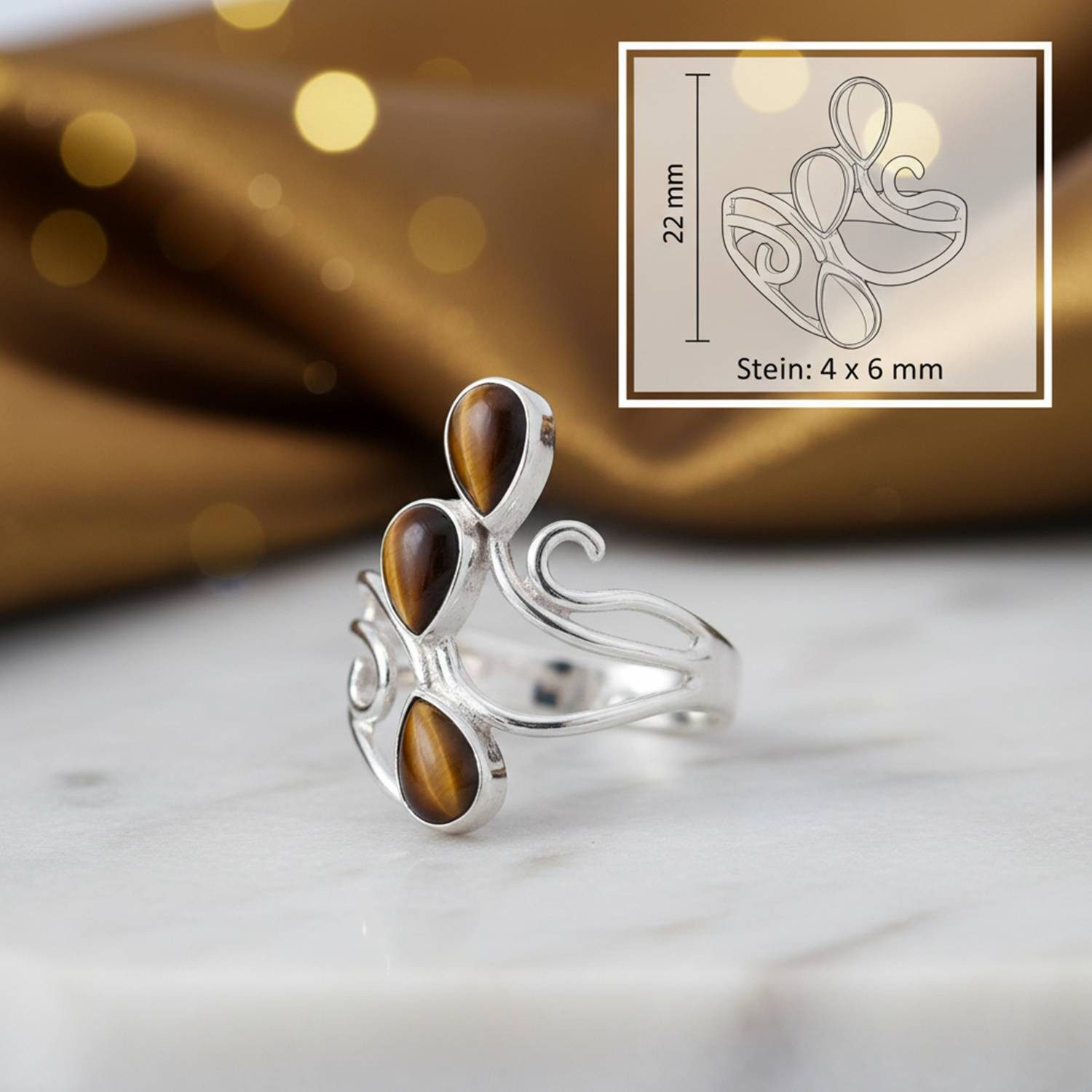 mantraroma Silberring SIDISTI aus 925 Silber mit Tigerauge (Ring mit Schmuckbeutel), Damenring aus 925er Silber