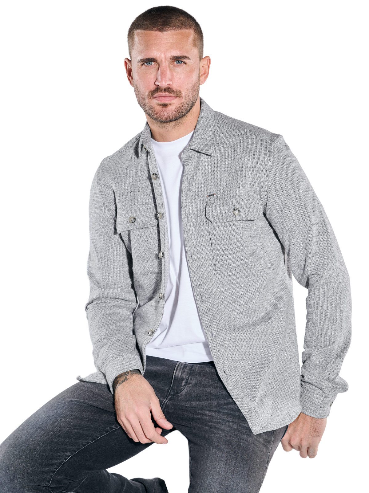 emilio adani Langarmhemd Herren Overshirt in Sweat-Warenqualität, Hellgrau