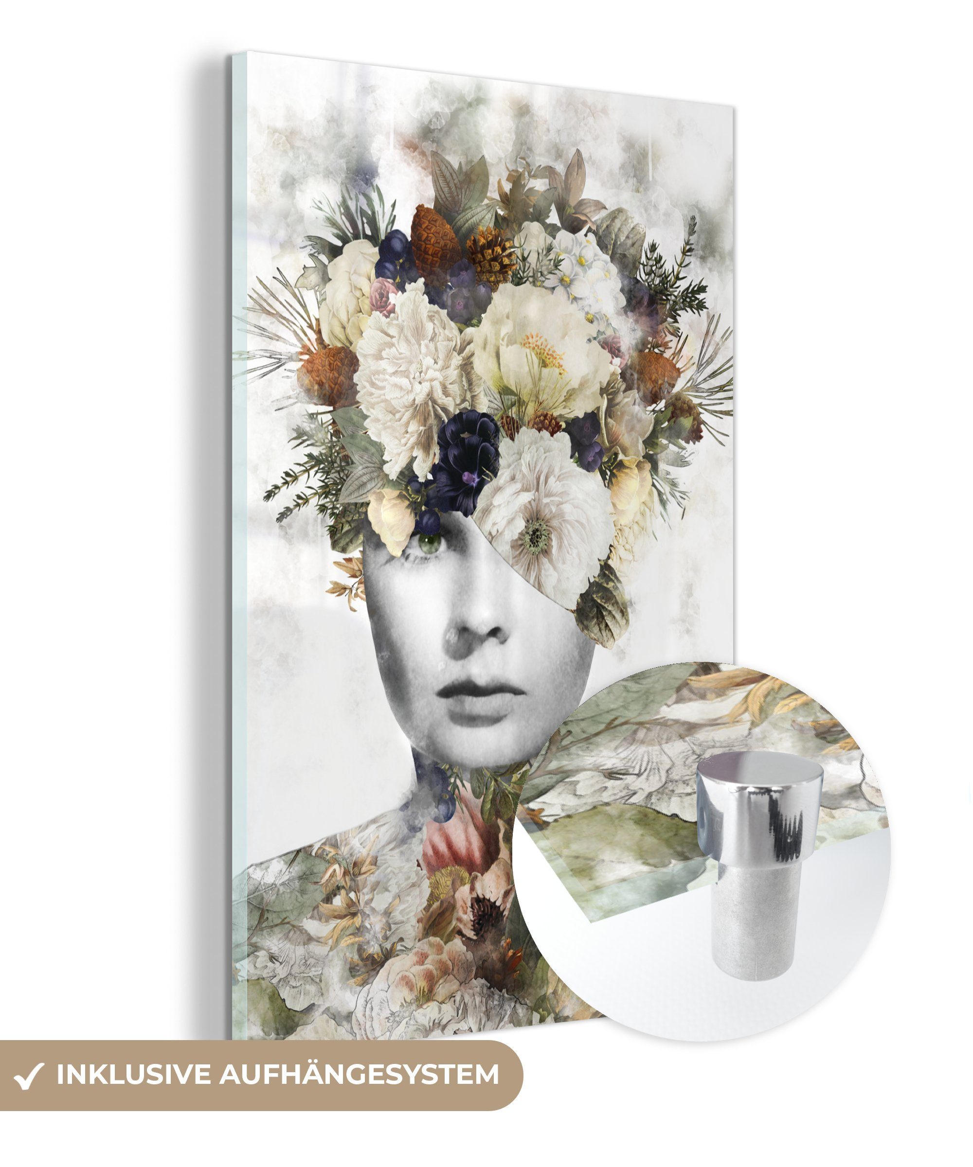 MuchoWow Acrylglasbild Blumen - Frau - Scherben, (1 St), Glasbilder - Bilder auf Glas Wandbild - Foto auf Glas - Wanddekoration