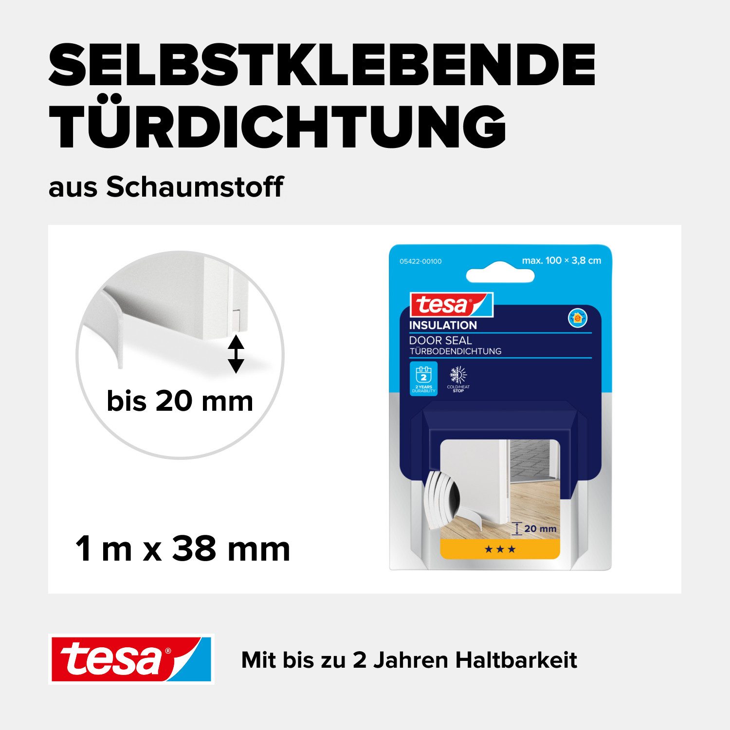 tesa Türbodendichtung INSULATION Türdichtung - selbstklebende Türboden-Schaumstoffdichtung, (Packung, 1-St., Zimmertürdichtung weiß - 1 m x 38 mm), Zimmertürdic – Bild 4 von 5