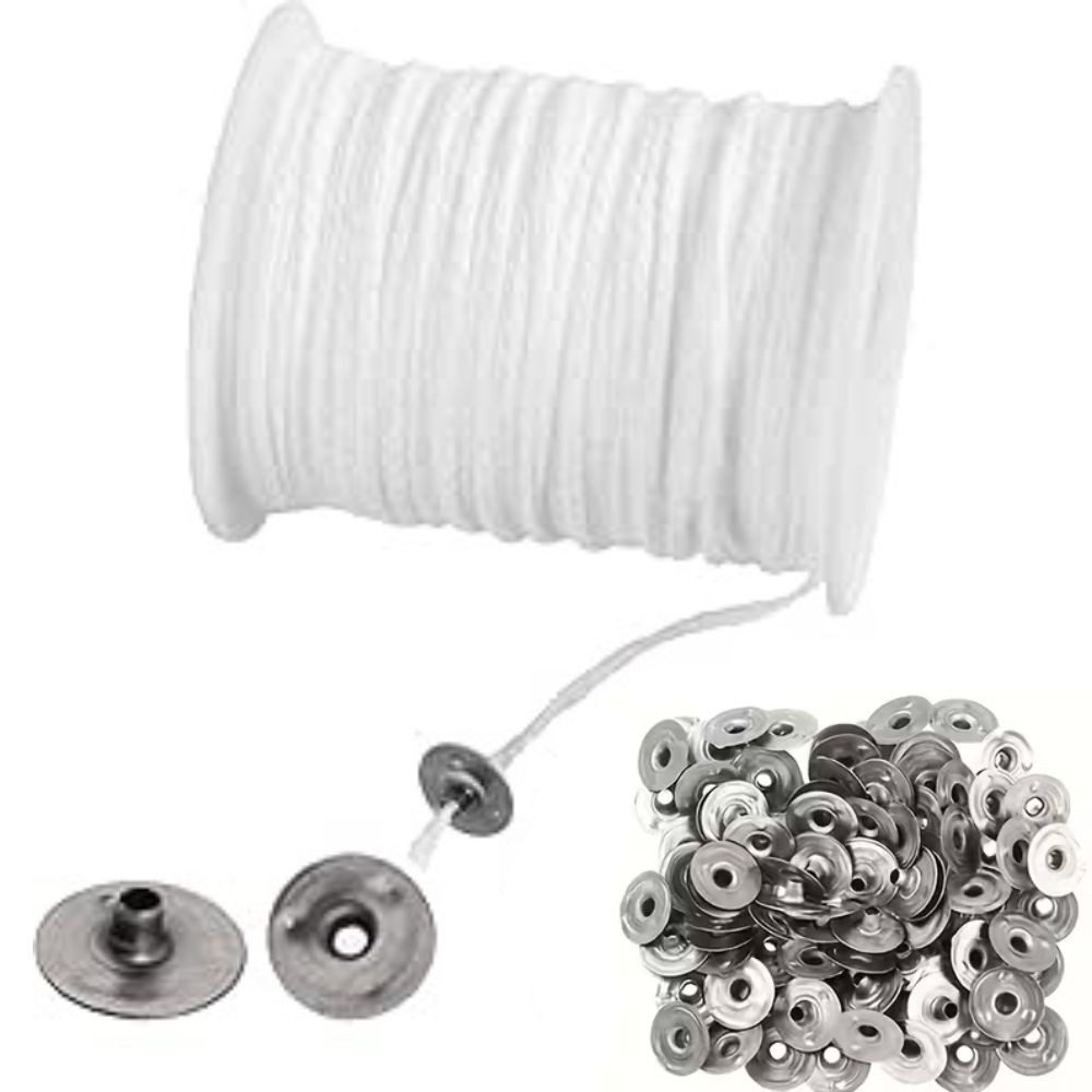 Montegoni Kerzenständer Baumwoll-Dochtrolle 61M mit 100 Metallbasen – Rauchfreie Kerzendochte (Wick-and-Base Set für Kerzengießen, Zweiteiliges Zubehörset aus Dochtrolle & Basen), Raucharm, gleichmäßige Flamme, hitzebeständige Basen