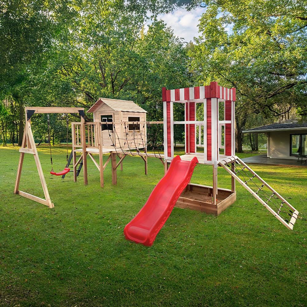 HOME DELUXE Spielturm Spielpark aus Holz WUNDERLAND - Farbauswahl, inkl. Spielhaus, Rutsche, Kletternetz & optional mit Schaukel