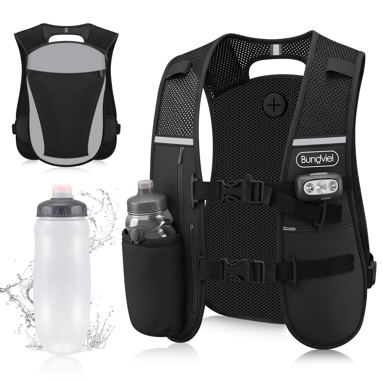 Bundviel Trinkrucksack Laufweste Damen und Herren Reflektierende mit 500ml Wasserflasche, 2L Ultraleicht Wasserdicht Atmungsaktiv