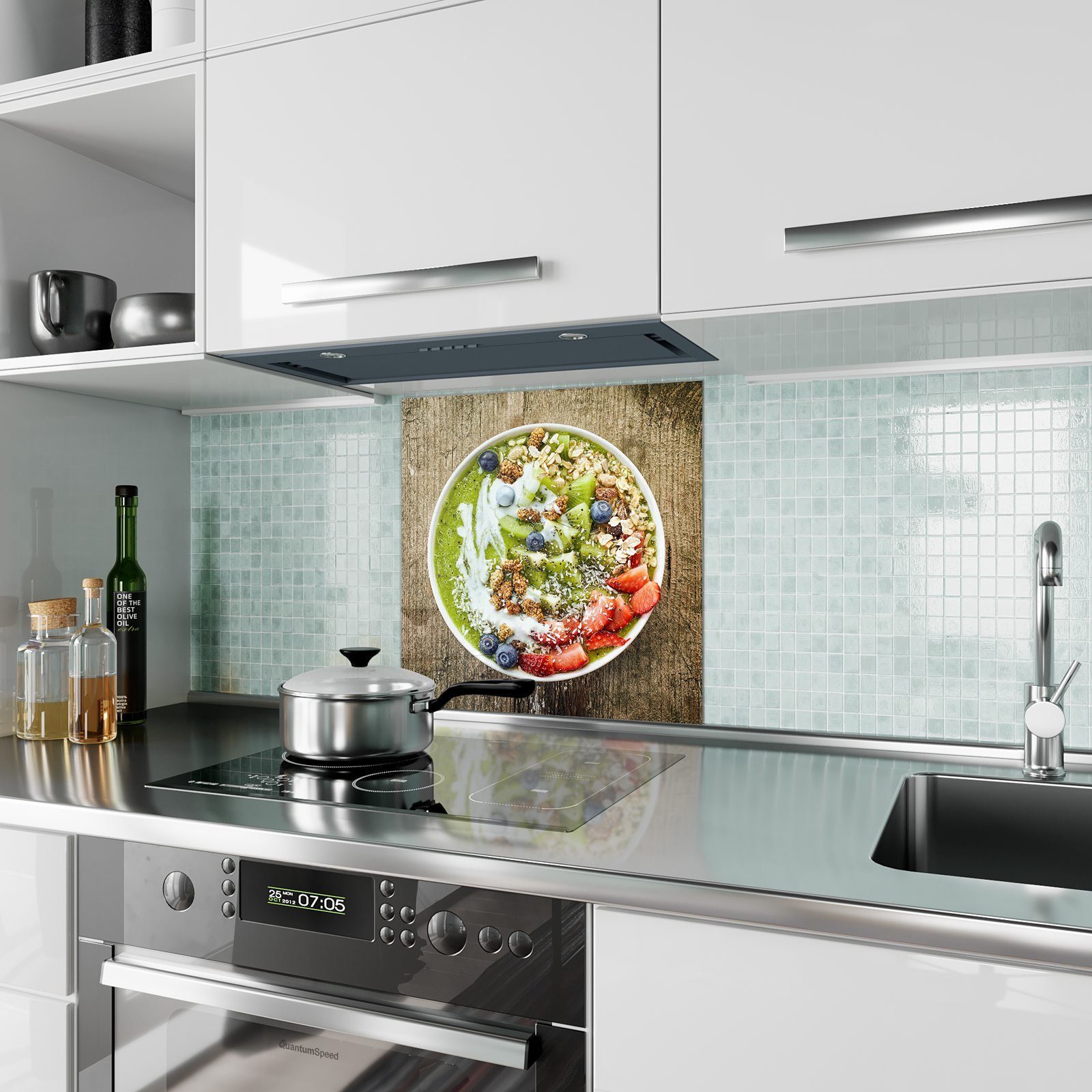 Küchenrückwand mit Frühstück Primedeco Spritzschutz Smoothi Glas Küchenrückwand Motiv