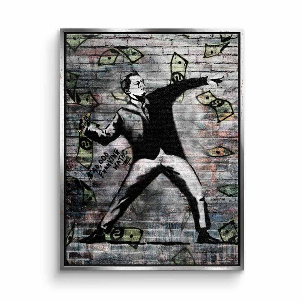 DOTCOMCANVAS® Leinwandbild, Leinwandbild Banksy streetart 40k watch geld schwarz weiß mit premium silberner Rahmen