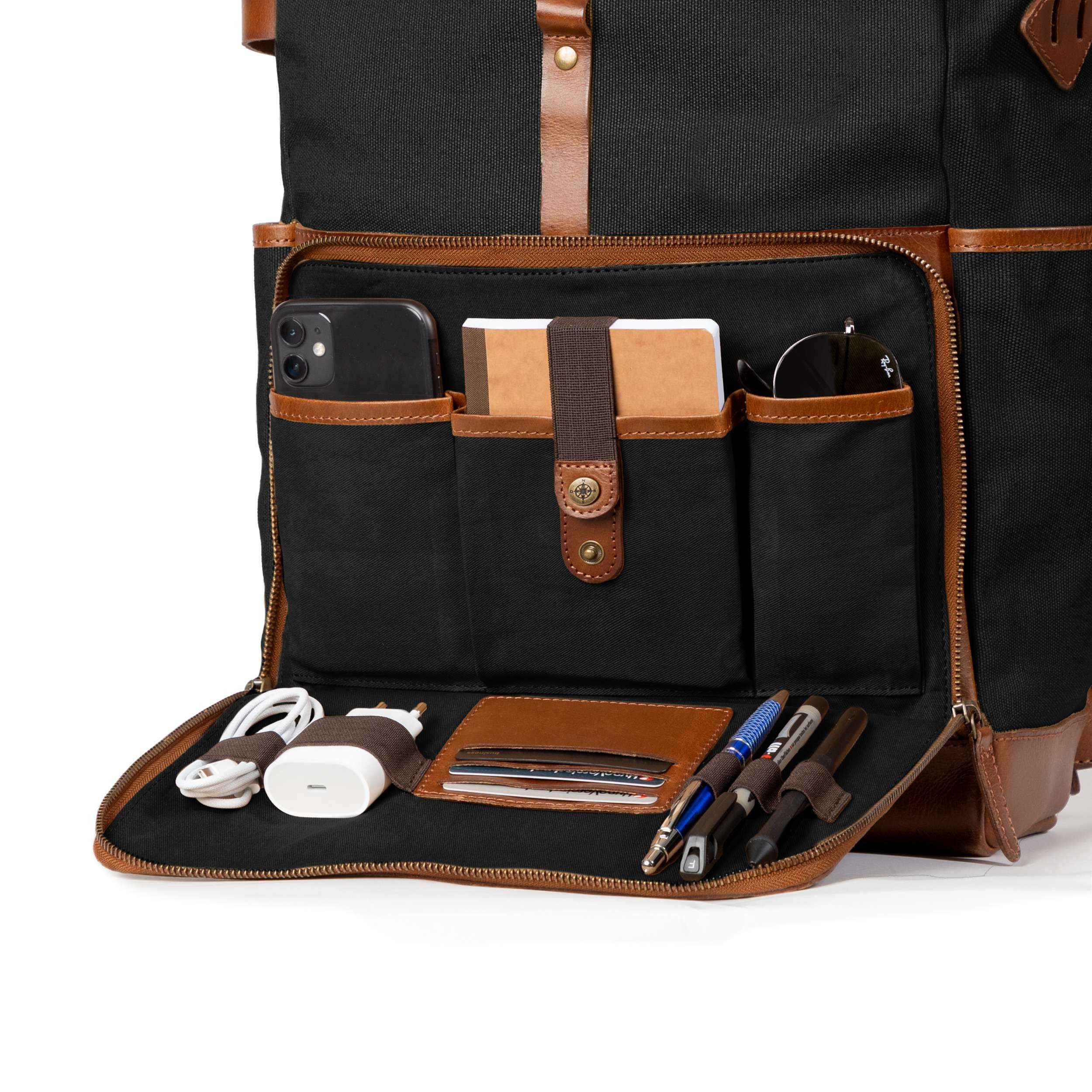 DRAKENSBERG Reiserucksack Roll-Top »Arthur« Schwarz, 17" Laptoprucksack mit Organizer Fach für Ladekabel & Zubehör