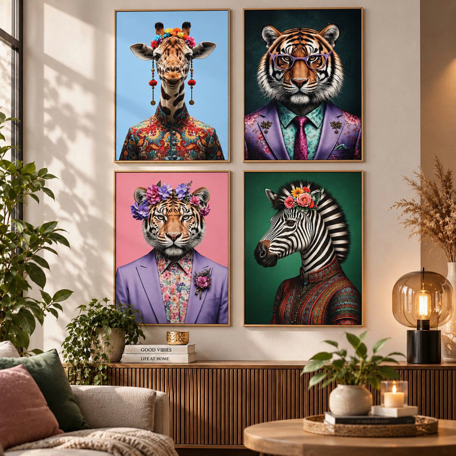 Koopman Bild mit Rahmen Bilder Wandbilder Tiermotive Holz 4er Set, (Set), 58x38x2,5cm, Zebra, 4 Stk, Giraffe, Tiger