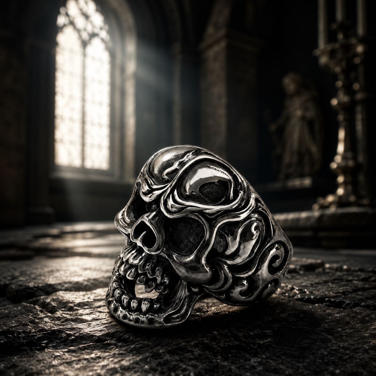 Kingka Fingerring Damen und Herren Totenkopfring Totenschädel hochwertiger Edelstahl, Damen, Herrenring Edelstahl geschwärzt Gothic Biker Rocker