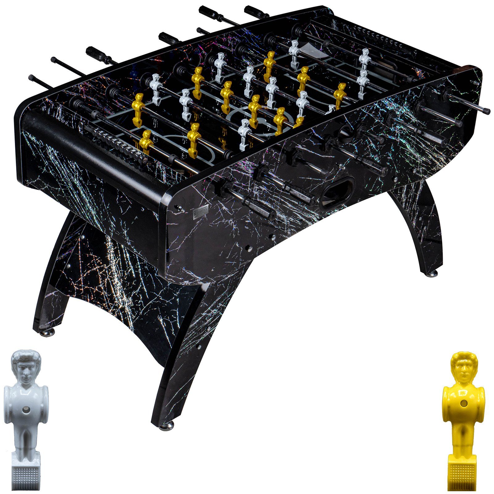 Kickertisch Fußball Premium Schwarz Glasspielfeld Figuren Weiss Gelb 80kg