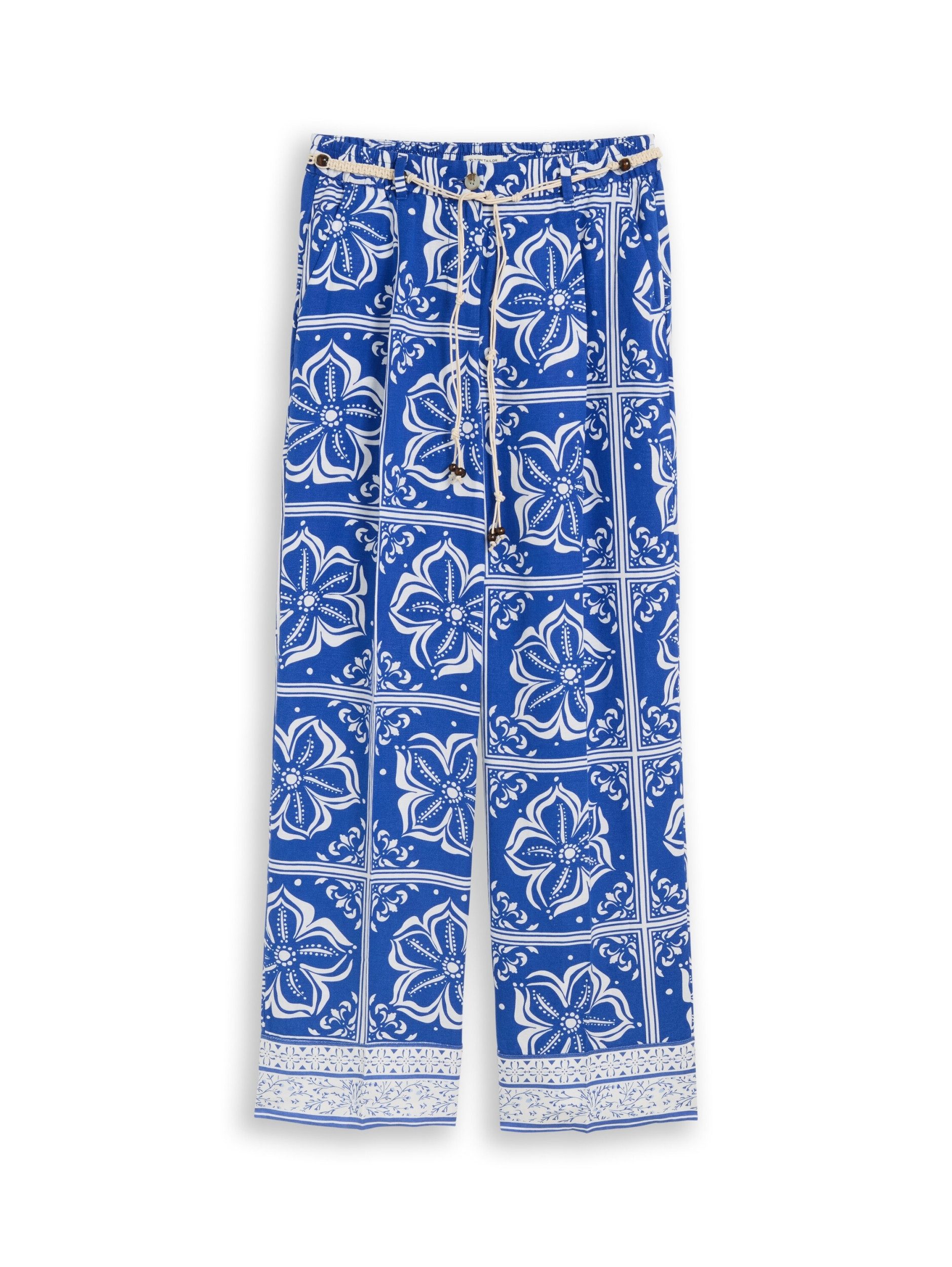 TOM TAILOR Chinohose linen wide leg pants, blue flower tile design