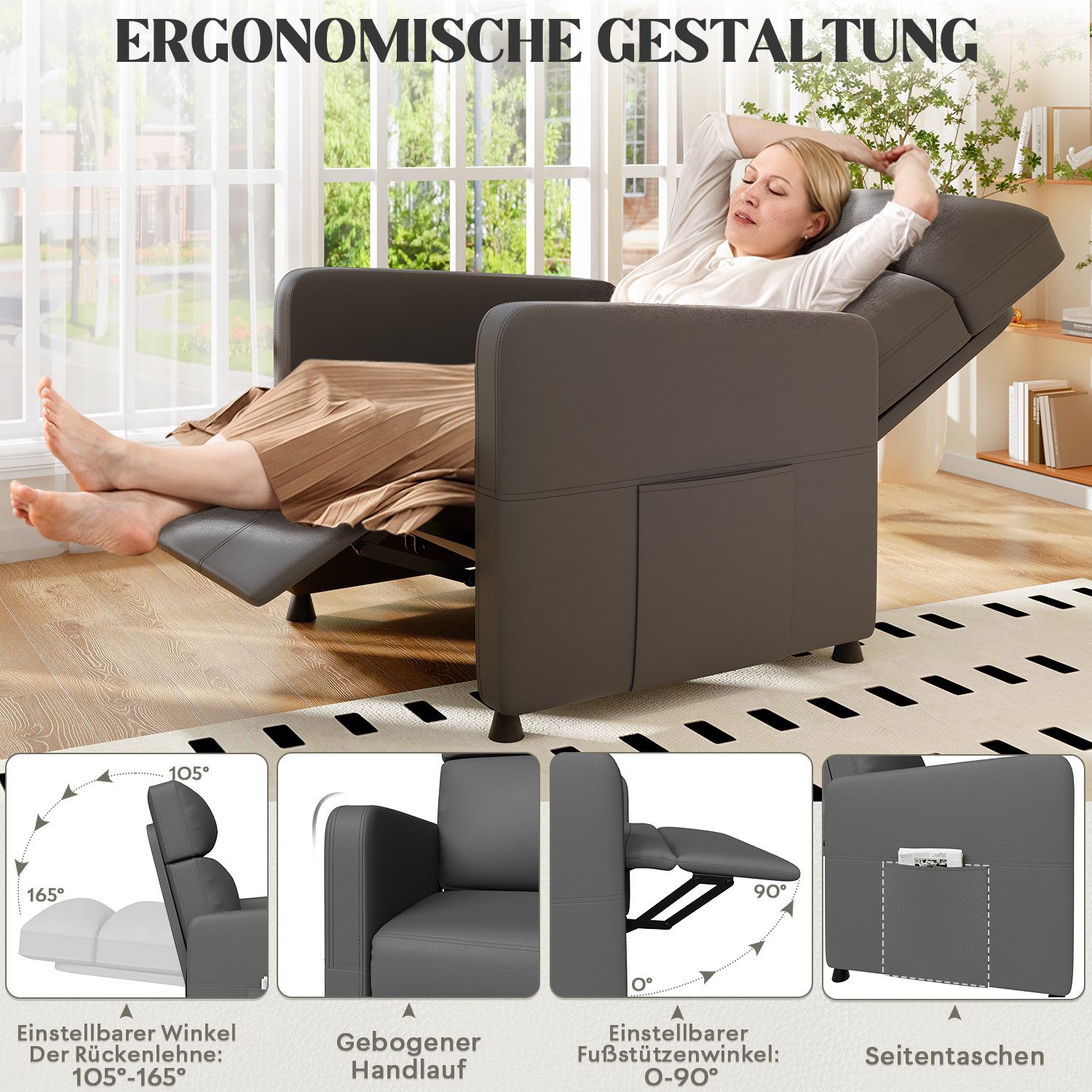 Furnicopia Sessel Freizeitsessel Fernsehsessel Rückenlehne bis zu 165° verstellbar (Freizeitsessel mit verstellbarer Fußstütze und Fernbedienung, geeignet für Schlafzimmer, Wohnzimmer und Büro, mit seitlicher Stofftasche zur Aufbewahrung von Büchern und Fernbedienung, Belastbarkeit 136 kg)