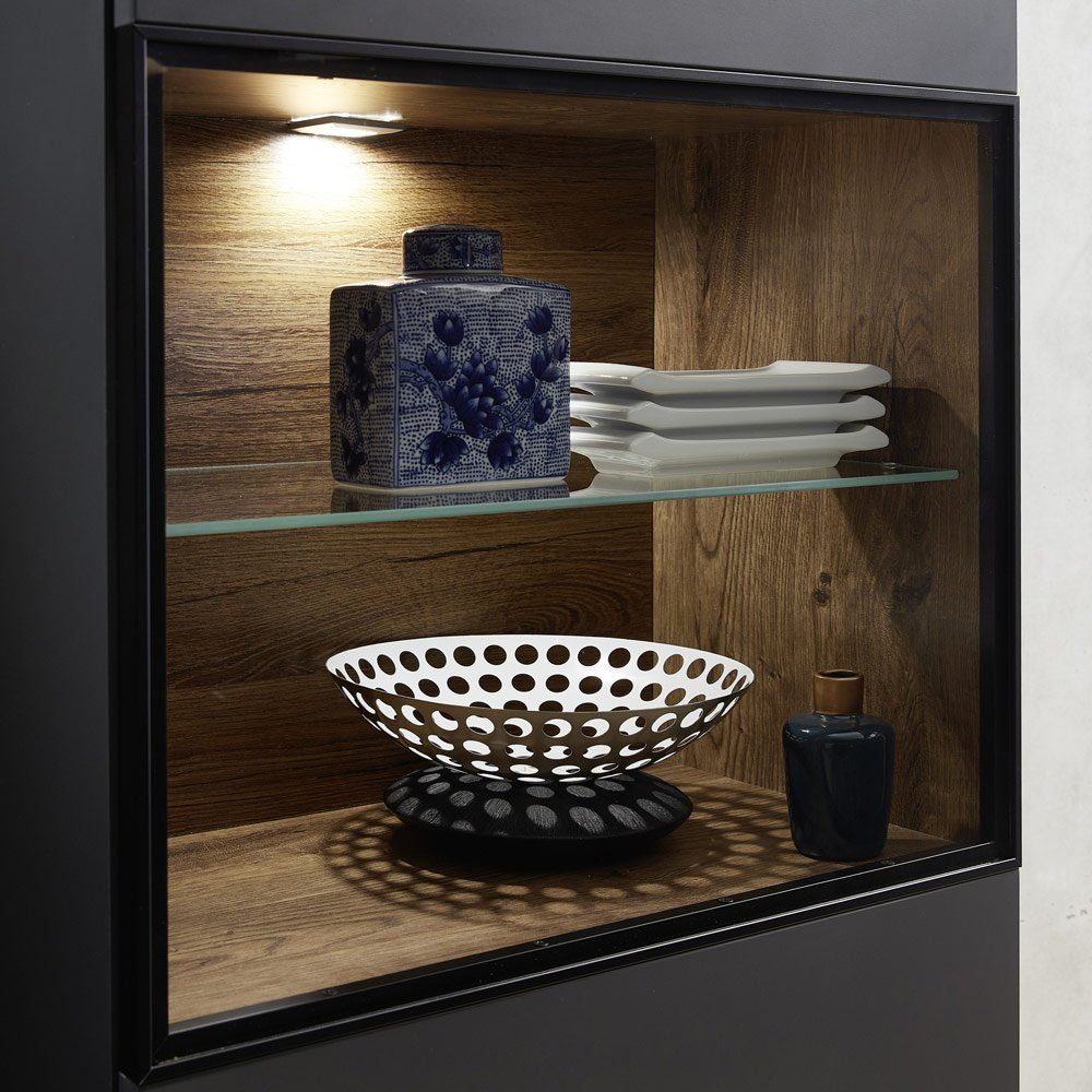 Lomadox Vitrine LED-Beleuchtung Nb. Haveleiche cognac MADEIRA-36 in 60/199/36cm inkl. mit graphit