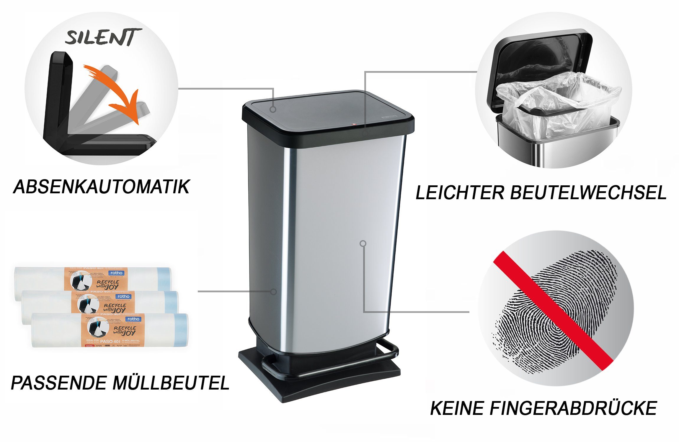 ROTHO Mülleimer Paso Mülleimer 40l mit Pedal und Deckel, hergestellt in der Schweiz