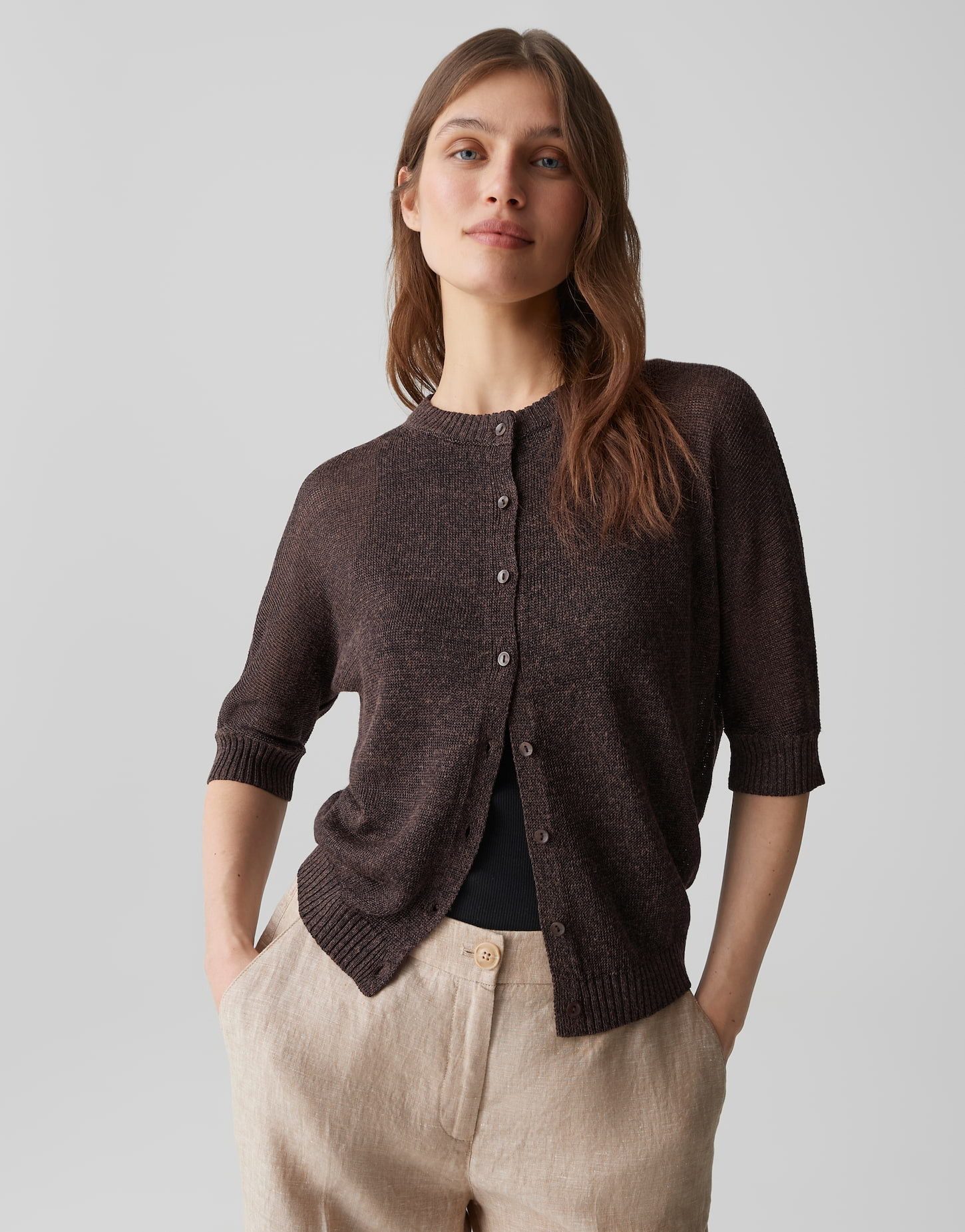 OPUS Strickjacke Datina aus Feinstrick mit fließendem Fall Der 3/4 Arm verleiht dem Look luftige Leichtigkeit