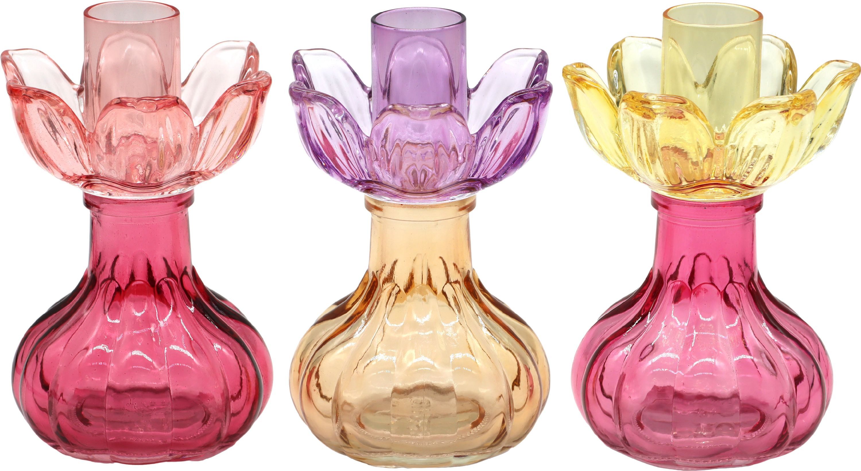 FURNARO Kerzenhalter (3-tlg. Leuchterset), Blütenförmiges Glasdesign mit harmonischem Farbspiel