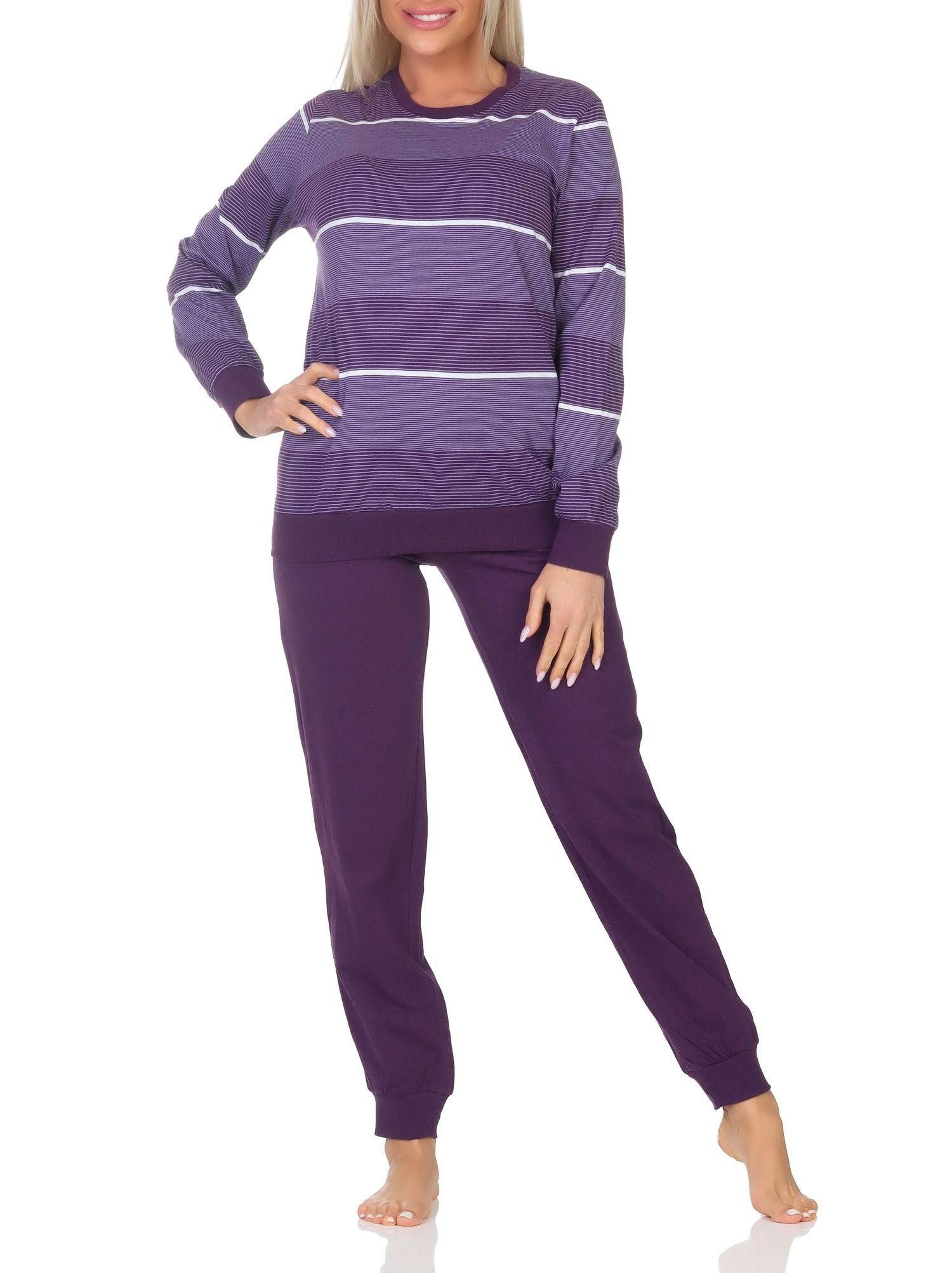 Pyjama Damen Frottee Schlafanzug mit Bündchen in elegantem Streifendesign