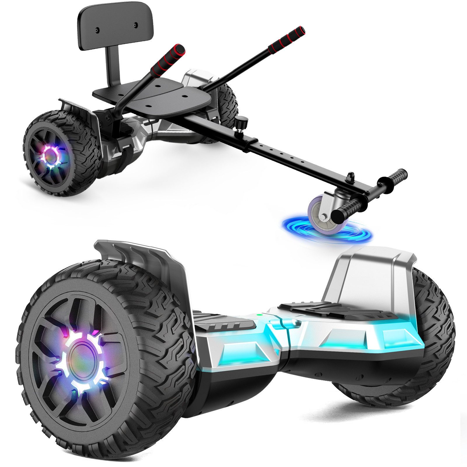 SISIGAD Balance Scooter Kart HY-B02 6,5 Zoll Dualmotorräder, Hoverboard mit kart,LED, Bluetooth, 10 km/h, Hoverboards mit Sitz&LED-Licht und Bluetooth,Geschenk für Kinder