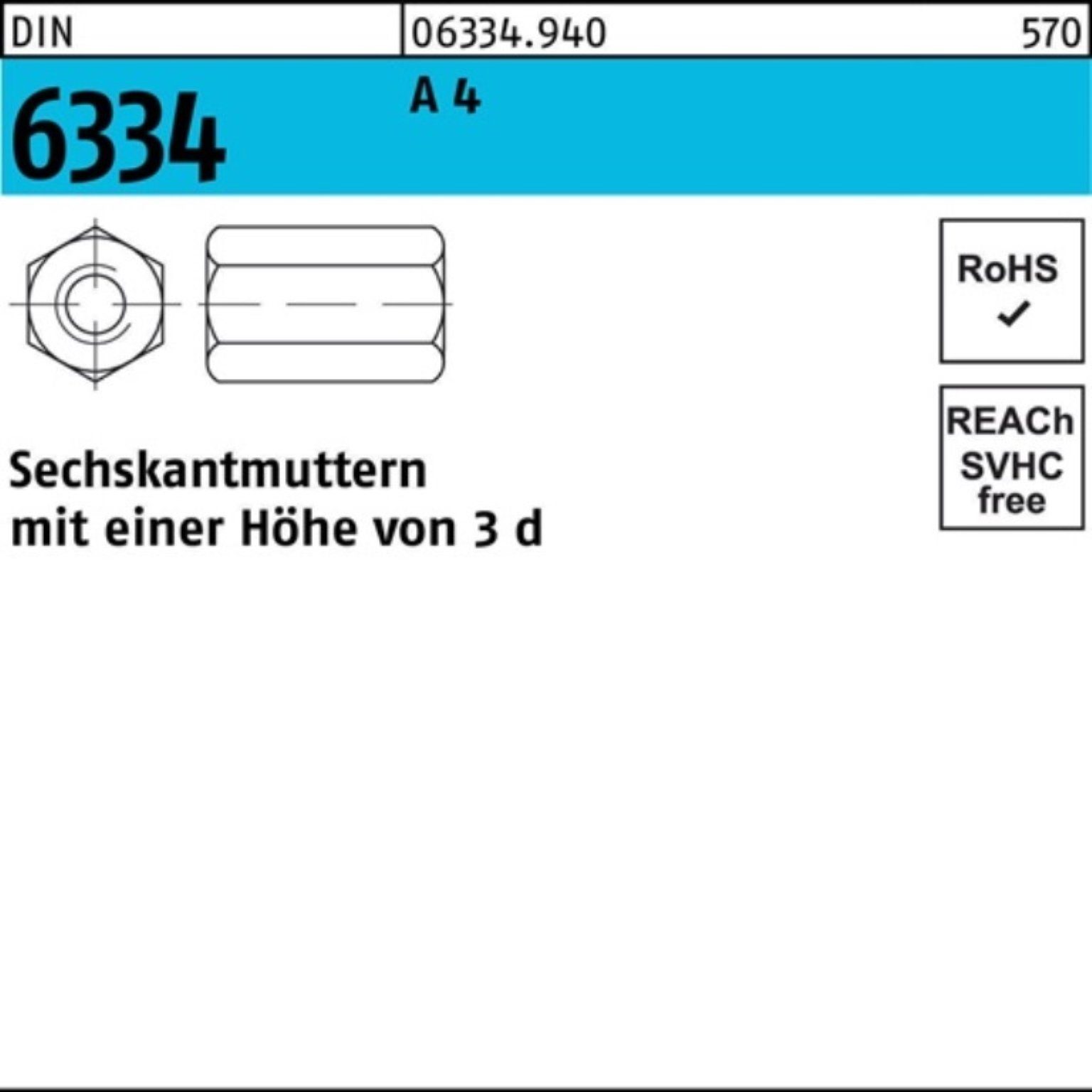 Reyher Muttern 100er Pack Sechskantmutter DIN 6334 M12 SW19 A 4 10 Stück DIN 6334 A