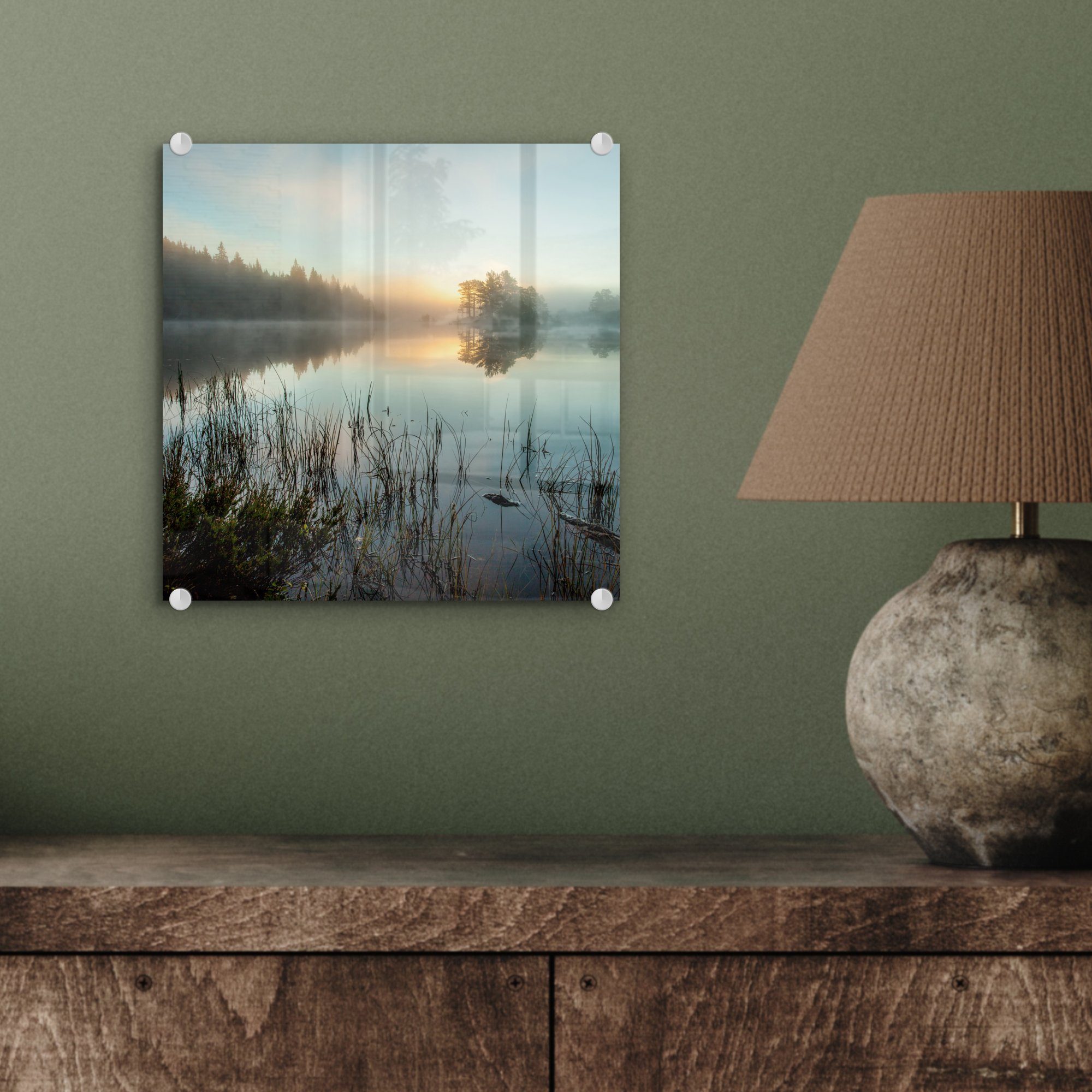von St), Glas Wald Ruhiger Foto auf Acrylglasbild Bilder auf - Morgen Norwegen, Wanddekoration Glasbilder (1 MuchoWow Wandbild im - - Glas
