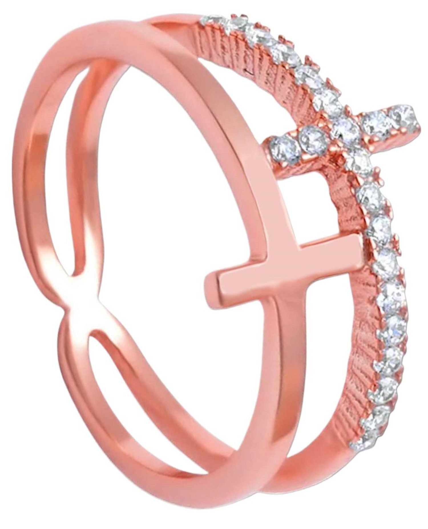 Goldene Hufeisen Goldring Damen Kreuz Ring 925 Sterling-Silber Rosegold vergoldet, zweireihige Doppel-Kreuz Finger-Ring