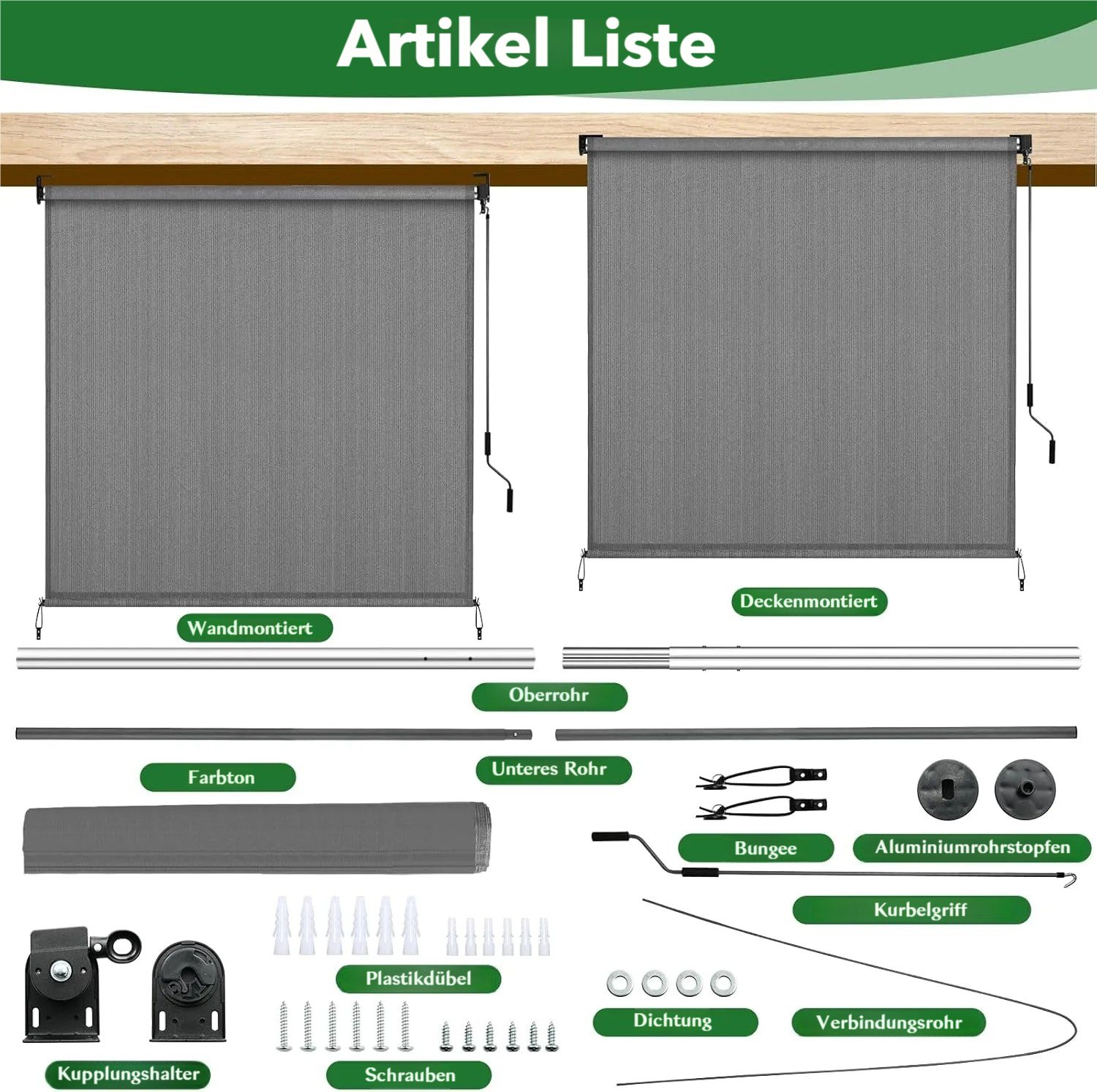 TLGREEN Senkrechtmarkise Vertikalmarkise,HDPE-Schattentuch (für Terrassenpergola,Balkonmarkise, 2-St., Aluminiumrohr mit kabelloser Kurbelbedienung) für Balkon, – Bild 3 von 5