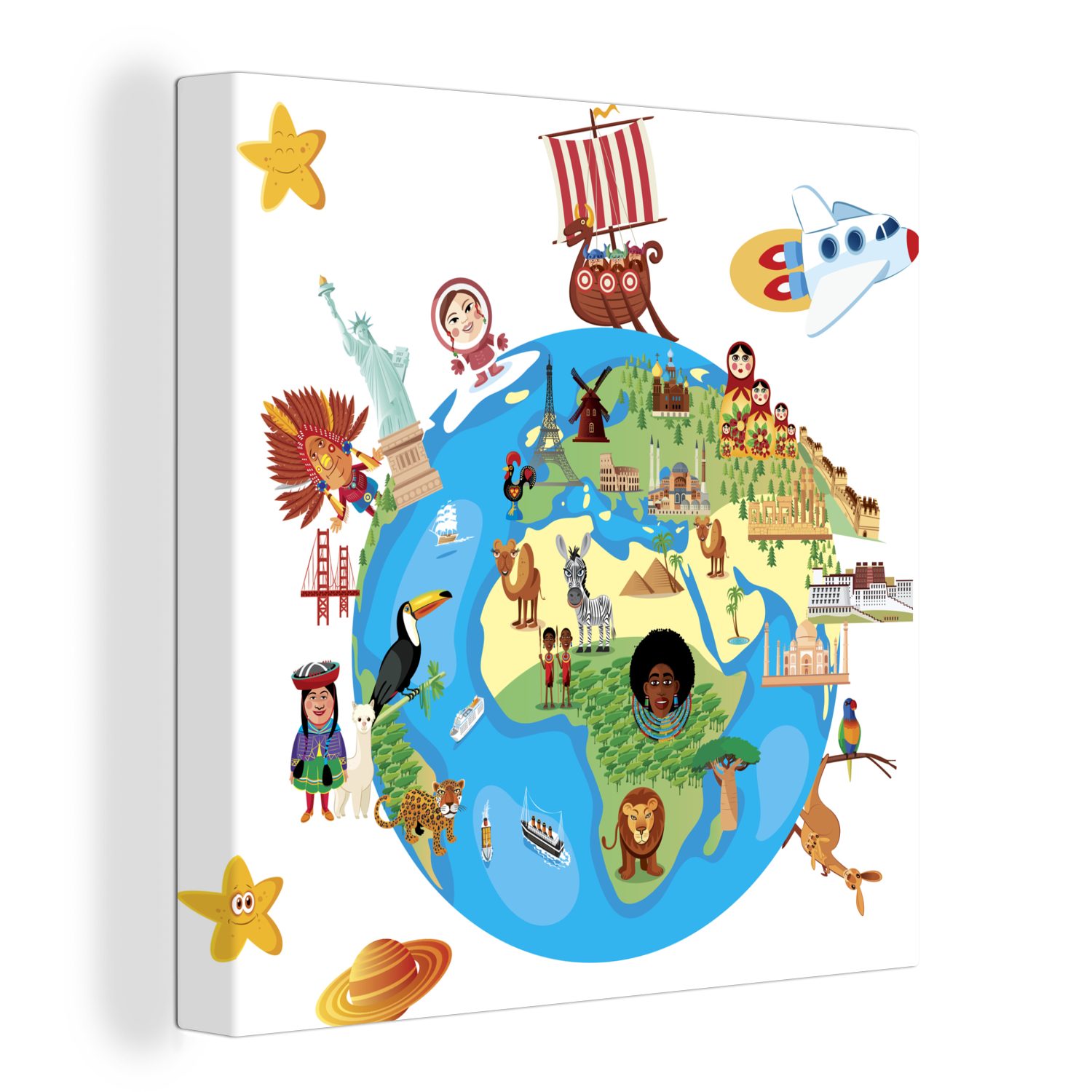 OneMillionCanvasses® Leinwandbild Eine Illustration einer Cartoon-Weltkarte mit Symbolen, (1 St), Leinwand Bilder für Wohnzimmer Schlafzimmer