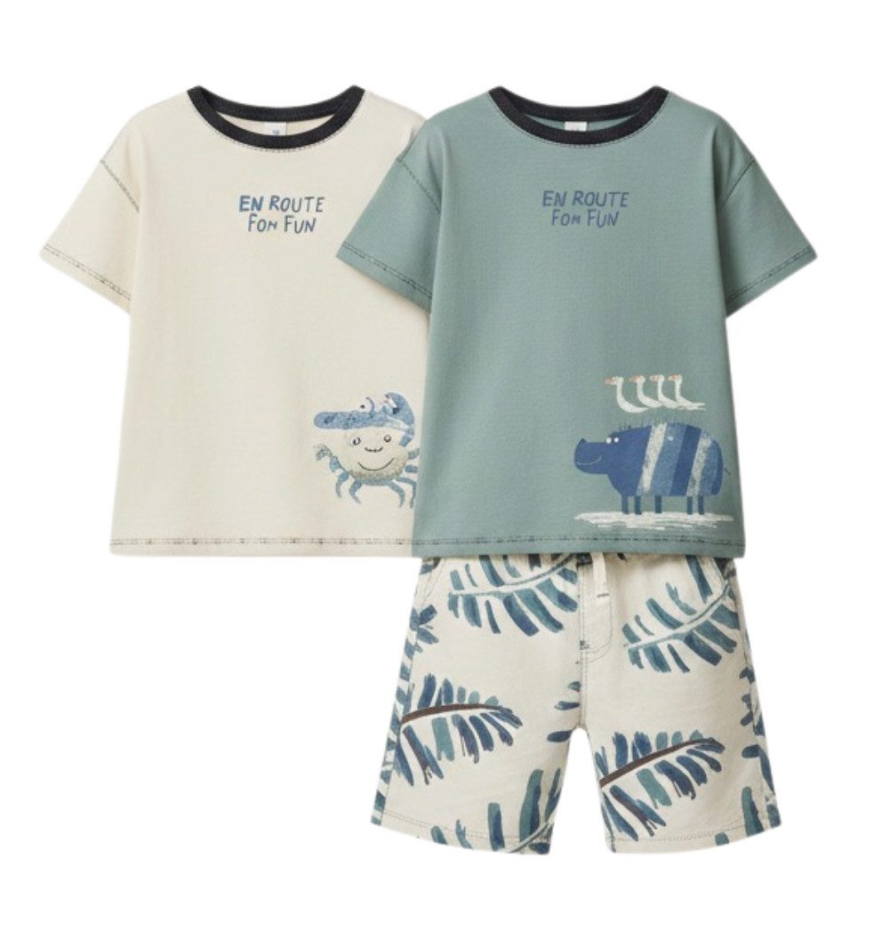 Miloy T-Shirt & Shorts 3er Set T-Shirts & Shorts Beach – Baumwolle, Gr. 98-116 (T-Shirt- und Shorts-Set, 3-tlg) Tropisches Blatt-Design, Elastikbund an den Shorts