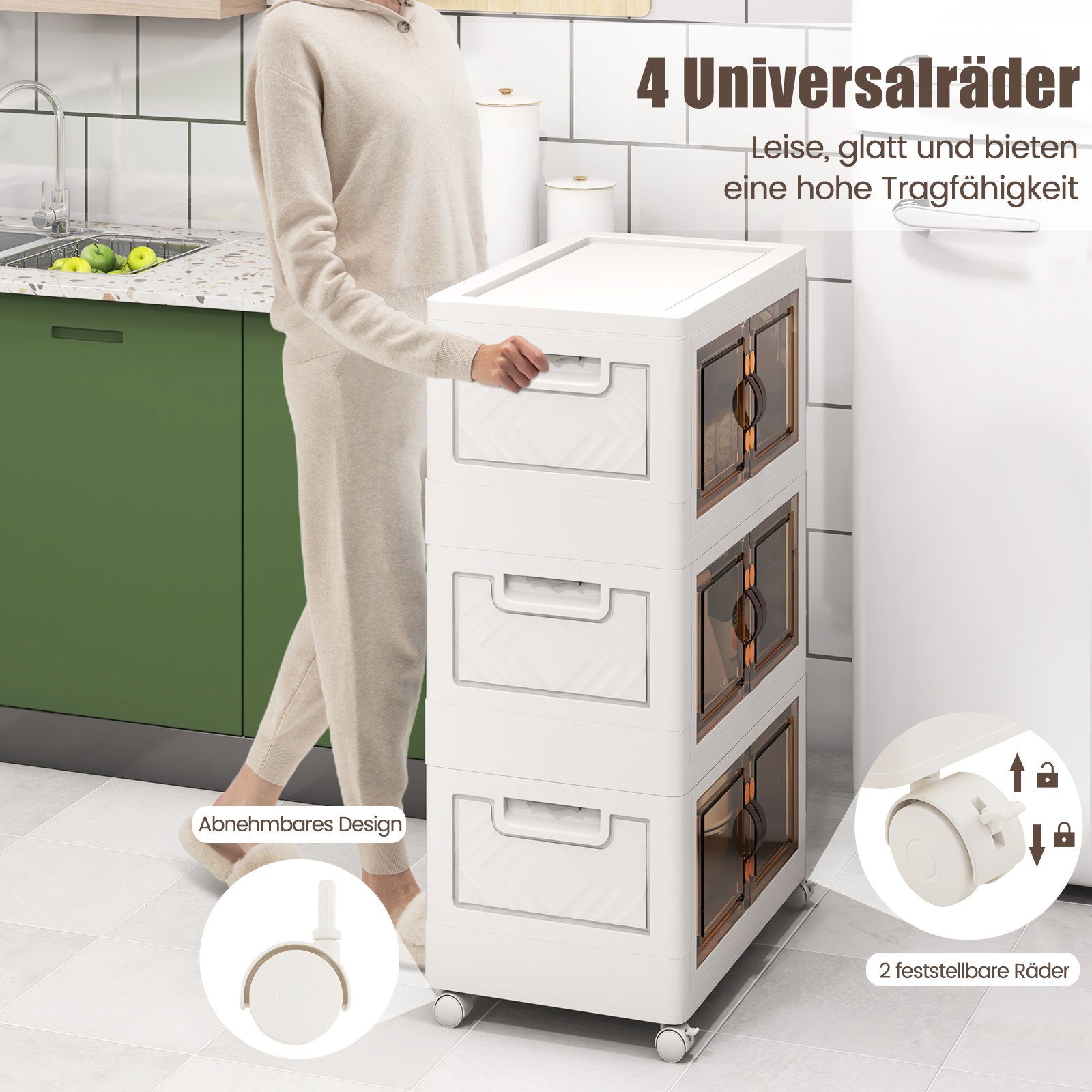 COSTWAY Aufbewahrungsbox, 3er Set, faltbar, stapelbar, mit Deckel, Rädern & Türen