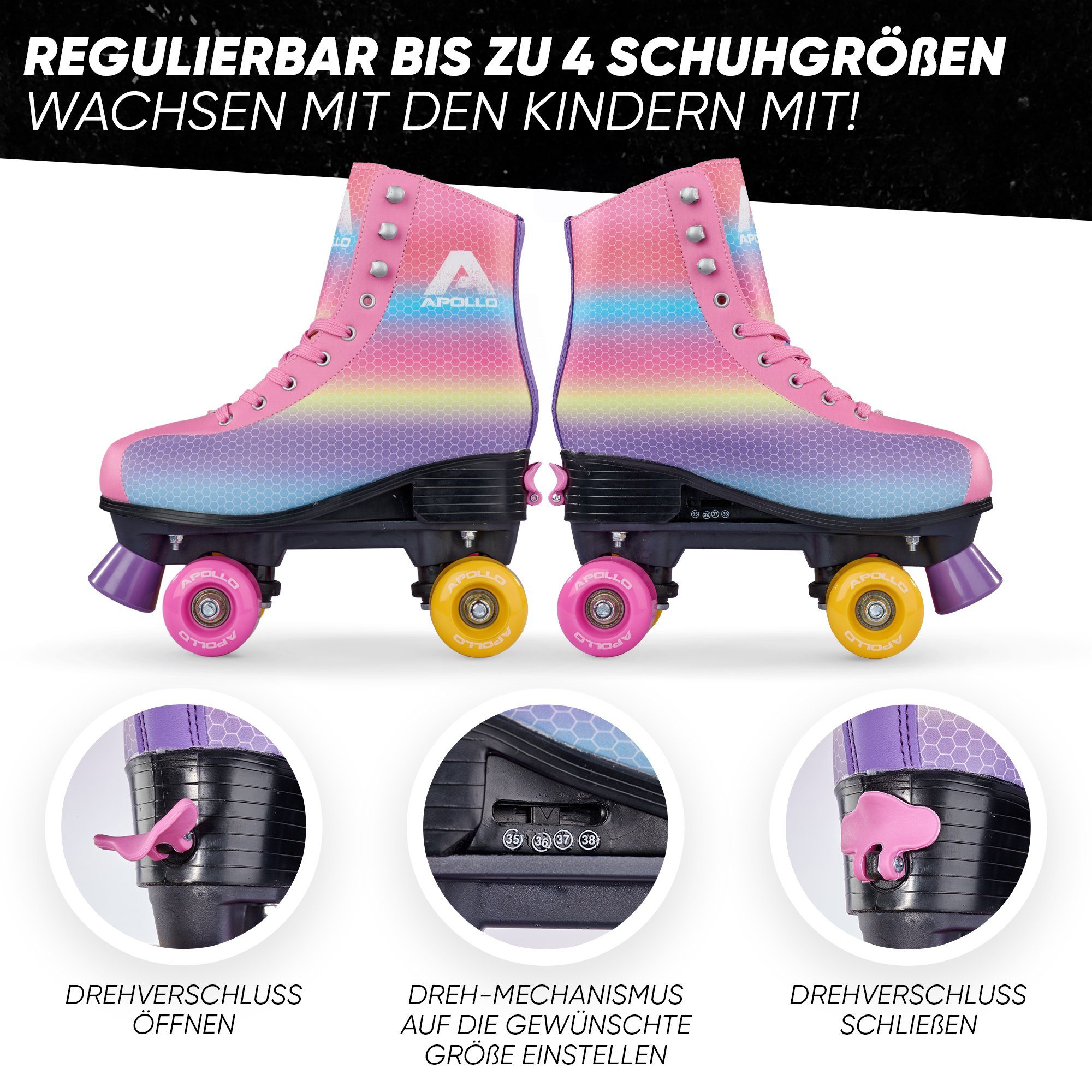 Apollo Rollschuhe Retro Discoroller, verstellbare Disco Roller Skates, größenverstellbar Rollerskates, Retro Design