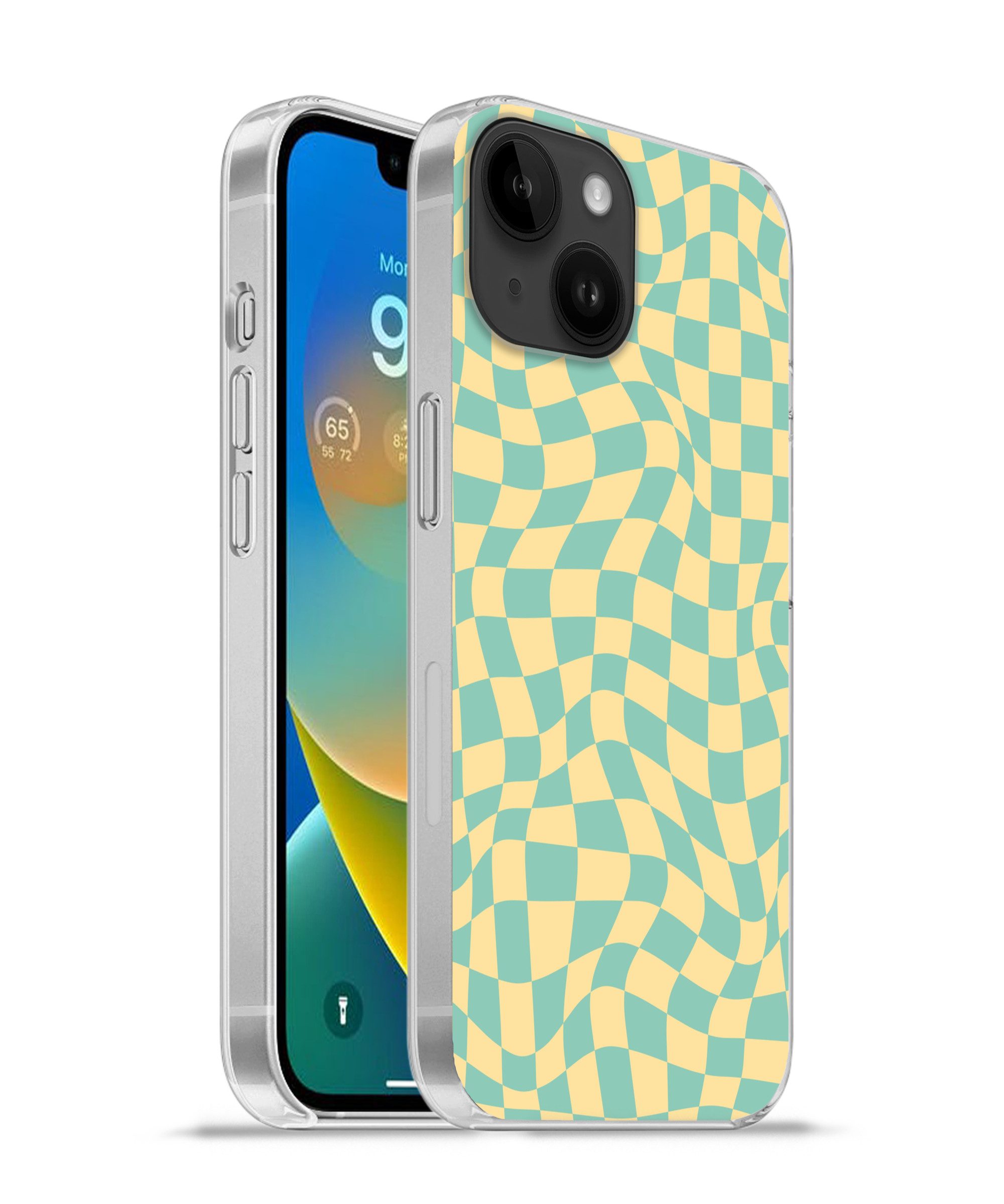 MuchoWow Handyhülle für Apple iPhone 14 Quadratisches Muster - Gelb - Blau - Wellenlinien, Smartphone-Bumper, Print, Handy Schutzhülle Dünn