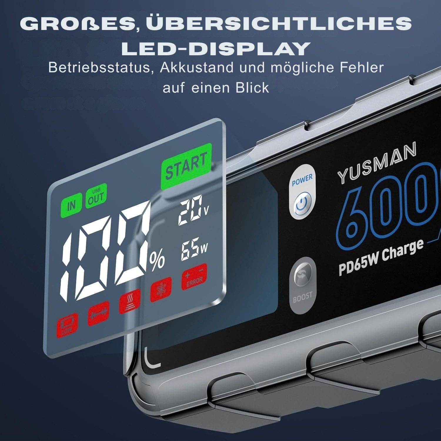 iPowLax Jump Starter Power Bank Booster 26800 mAh (12 V), 6000A Jump Start 65W USB-C PD, Color Display & LED Emergency Light