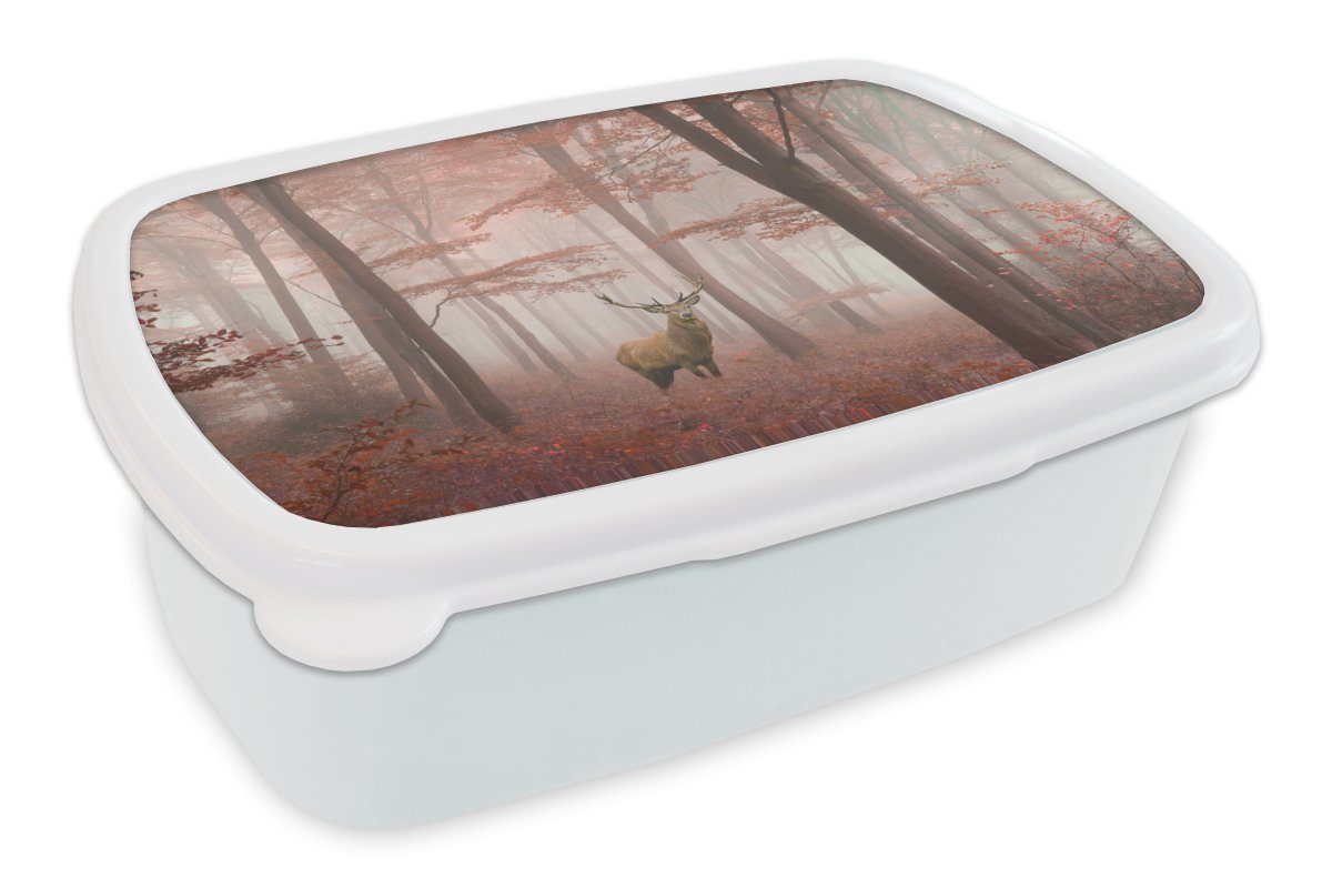 MuchoWow Lunchbox Hirsche - Wald - Rot - Herbst, Kunststoff, (2-tlg), Brotbox für Kinder und Erwachsene, Brotdose, für Jungs und Mädchen weiß
