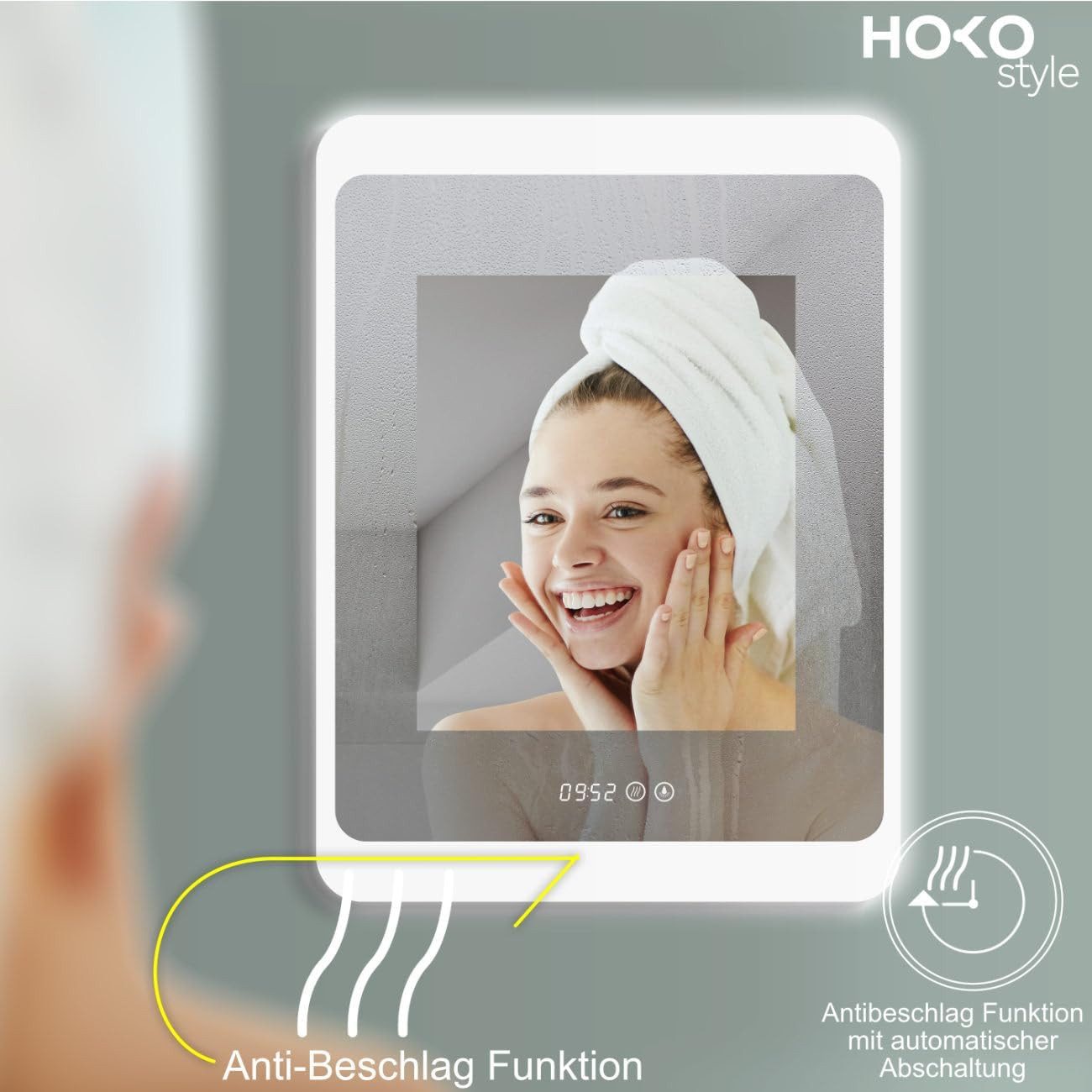 HOKO Badspiegel mit beleuchtung+Uhr+Antifog, 50x70/60x80/100*60 cm badezimmerspiegel (mit licht, Warmweiß - Kaltweiß - Neutral. Licht mit Touch Schalter und mit – Bild 4 von 5