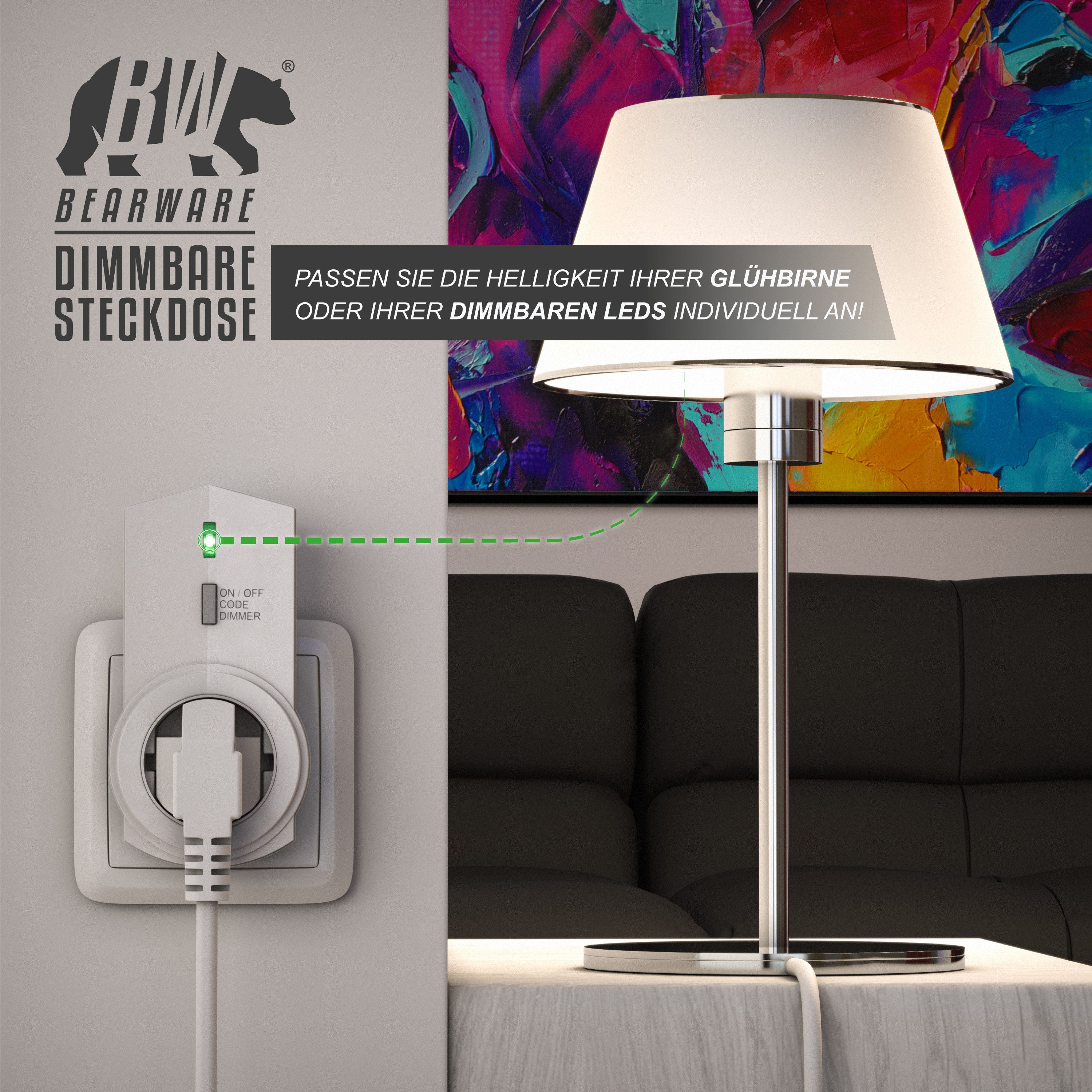 BEARWARE Funksteckdose Dimmbare Funk Steckdosen 2er Set mit Fernbedienung, IP20, Dimmbar, 2er Set mit Fernbedienung, Innenbereich, Berührungsschutz