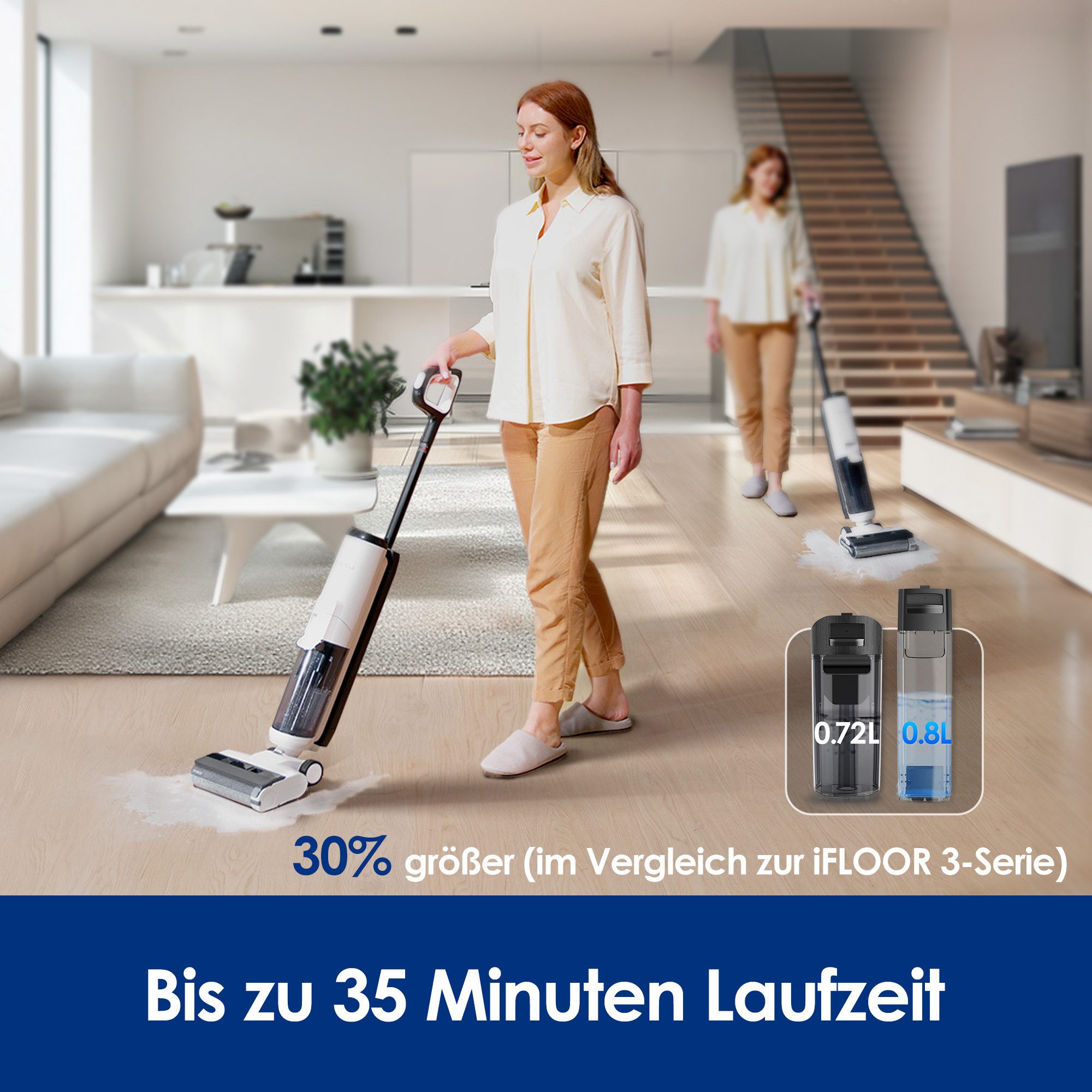 Tineco Nass-Trocken-Sauger iFLOOR 5, automatische Selbstreinigung, Kantenreinigung, 190 W, beutellos, 35 Min Akku, Tierhaarfilter, Hartbodenreiniger, Doppeltank