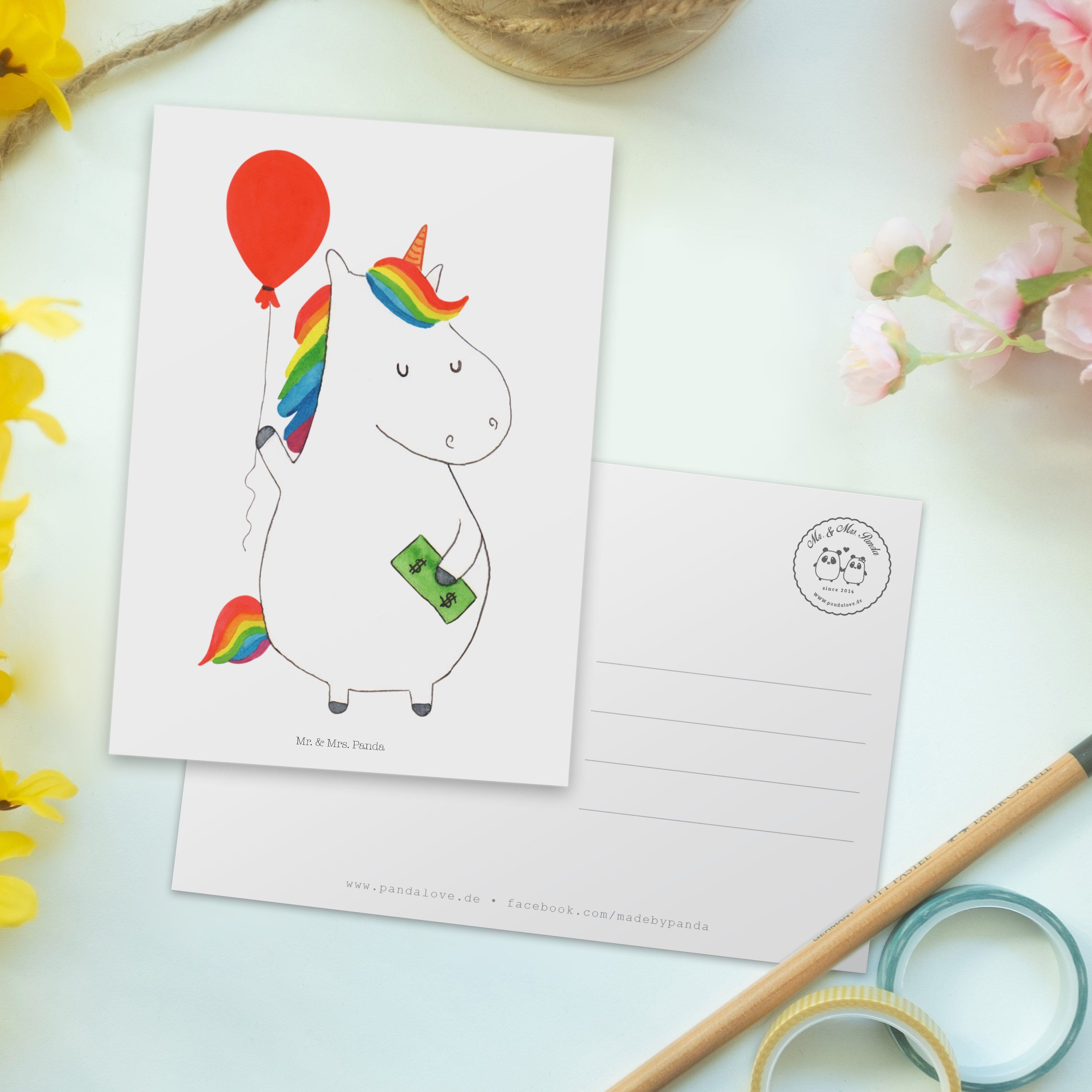 Mr. & Mrs. Panda Postkarte Weiß - - Einhorn Einladung, Geschenk, Unicorn, Grußkarte Luftballon