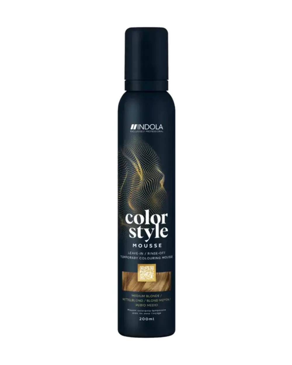Indola Haarfestiger INDOLA Color Style Mouse Farb-Schaumfestiger Mittelblond 200 ml, Packung, das Mousse bietet Glanz, Pflege und flexible Farbveränderung