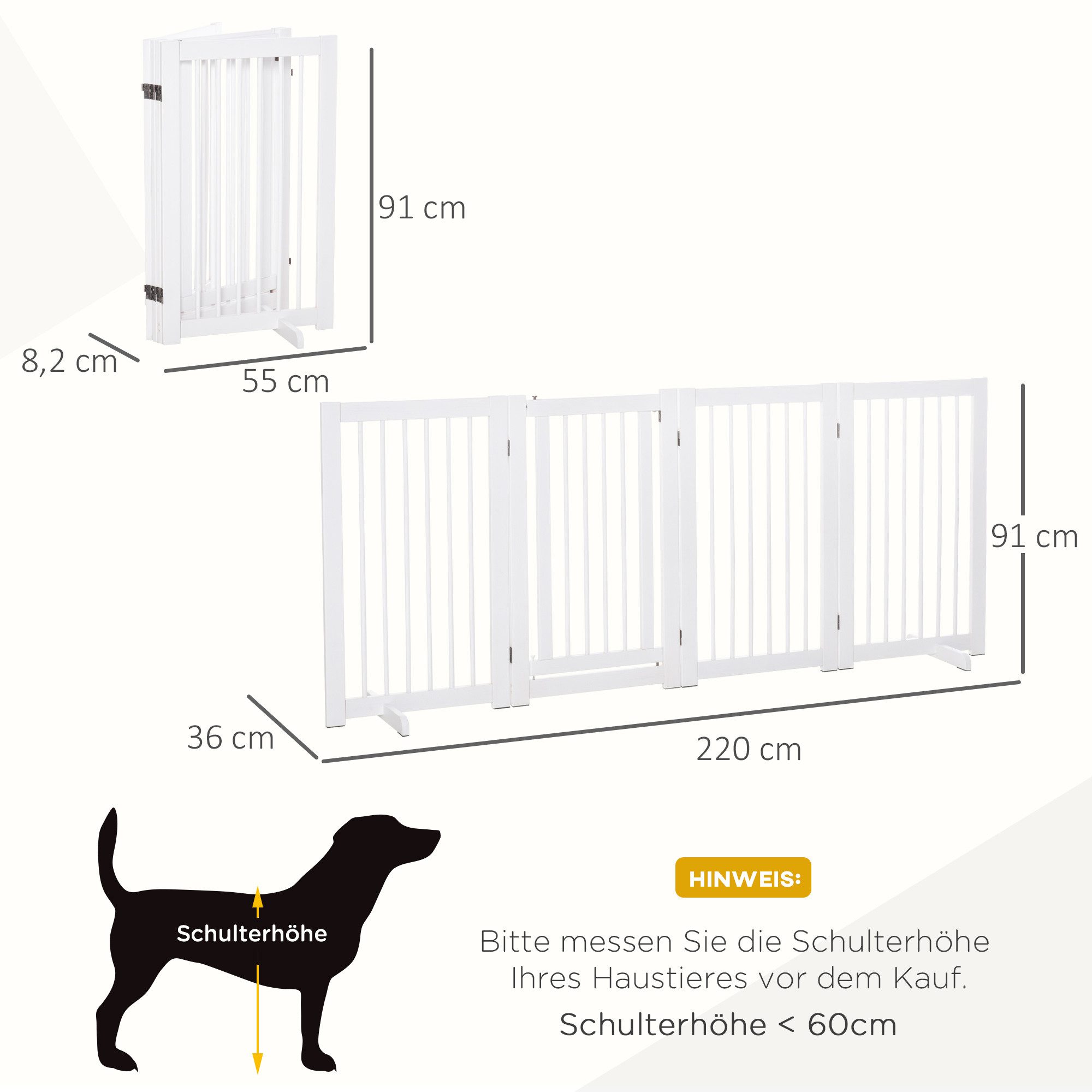 PawHut Hundegitter Hund Freistehendes 220 x 91 cm Holz Treppengitter 4 Paneelen (Schutzgitter, 1 St., Einzelprodukt), Faltbar, rutschfest, robust – Bild 3 von 5