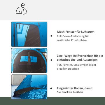 Outsunny Kuppelzelt Tunnelzelt für 4 Personen, Campingzelt mit Zwei Räumen, Personen: 4 (Festivalzelt, 1 tlg., Familienzelt), 2000 mm Wassersäule, für Trekking, Blau
