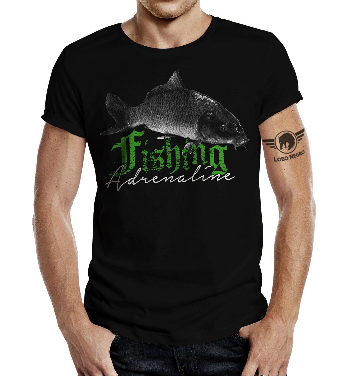 LOBO NEGRO® für Geschenk als T-Shirt Fischer: und Adrenaline Angler