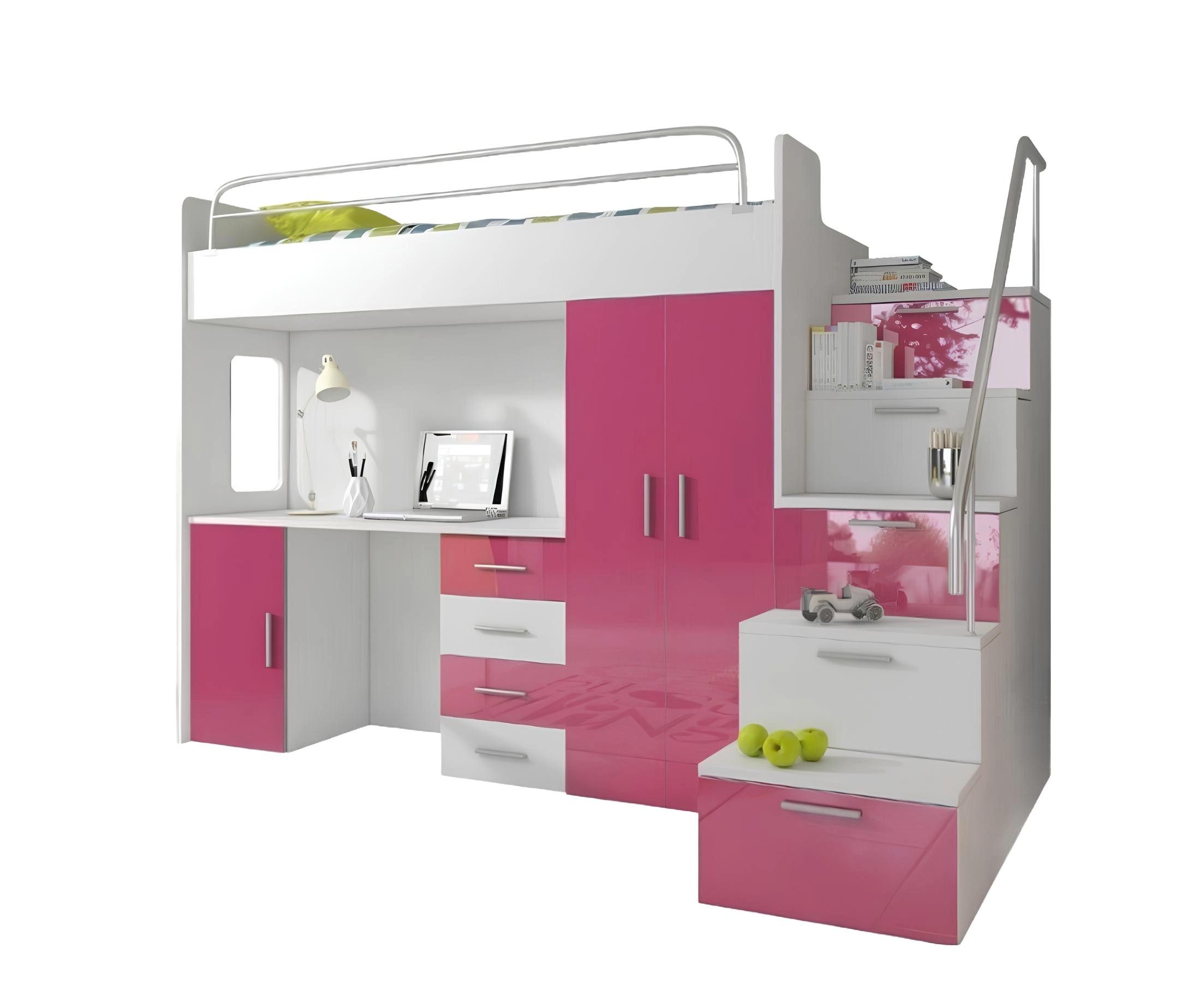 JVmoebel Hochbett Rosa Etagenbett mit Tisch und Schrank aus Holz Made in Europa