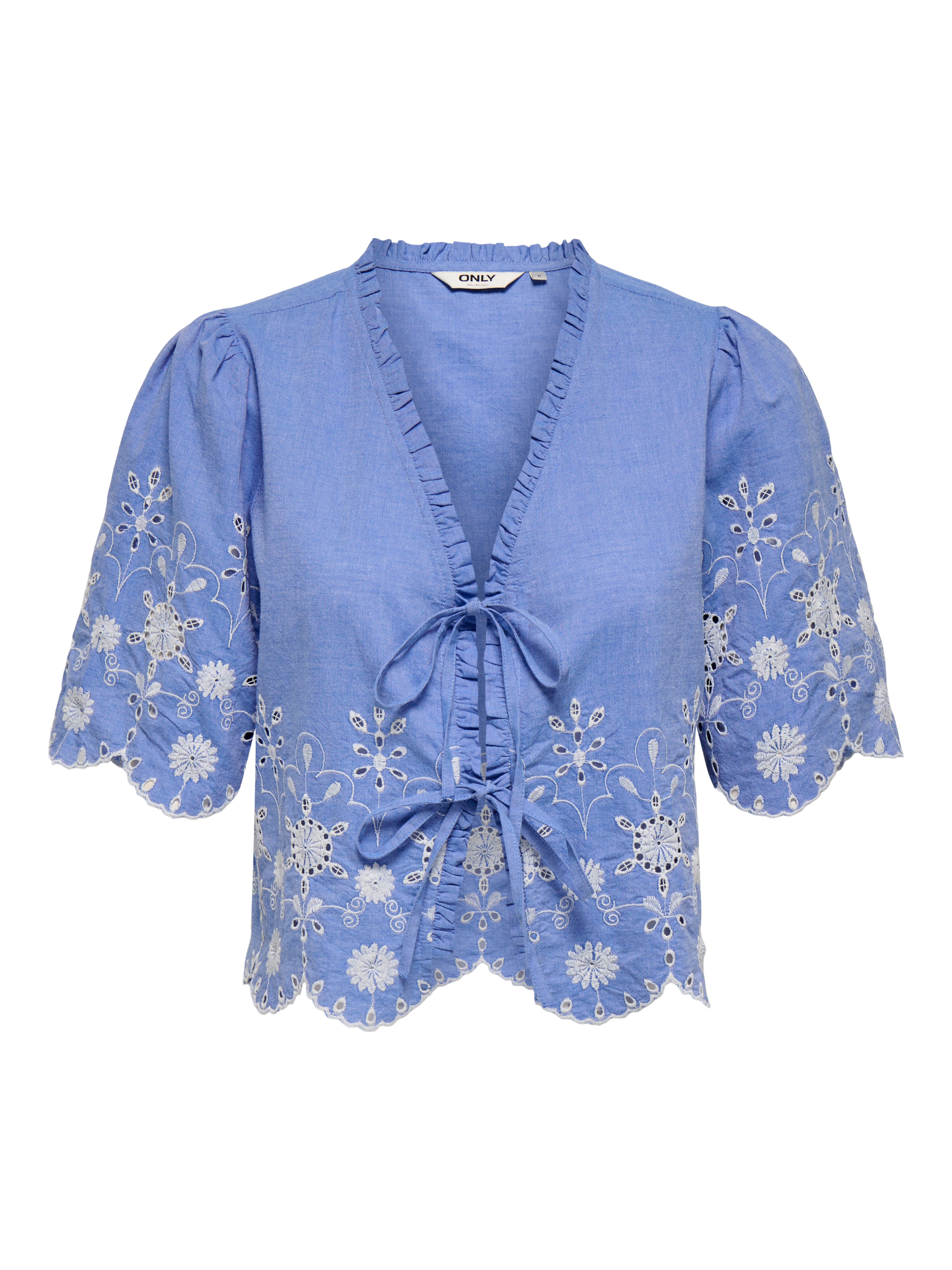 ONLY Kurzarmbluse ONLMIFFY S/S EMB TIE TOP NOOS WVN Baumwolle, regular fit, V-Ausschnitt