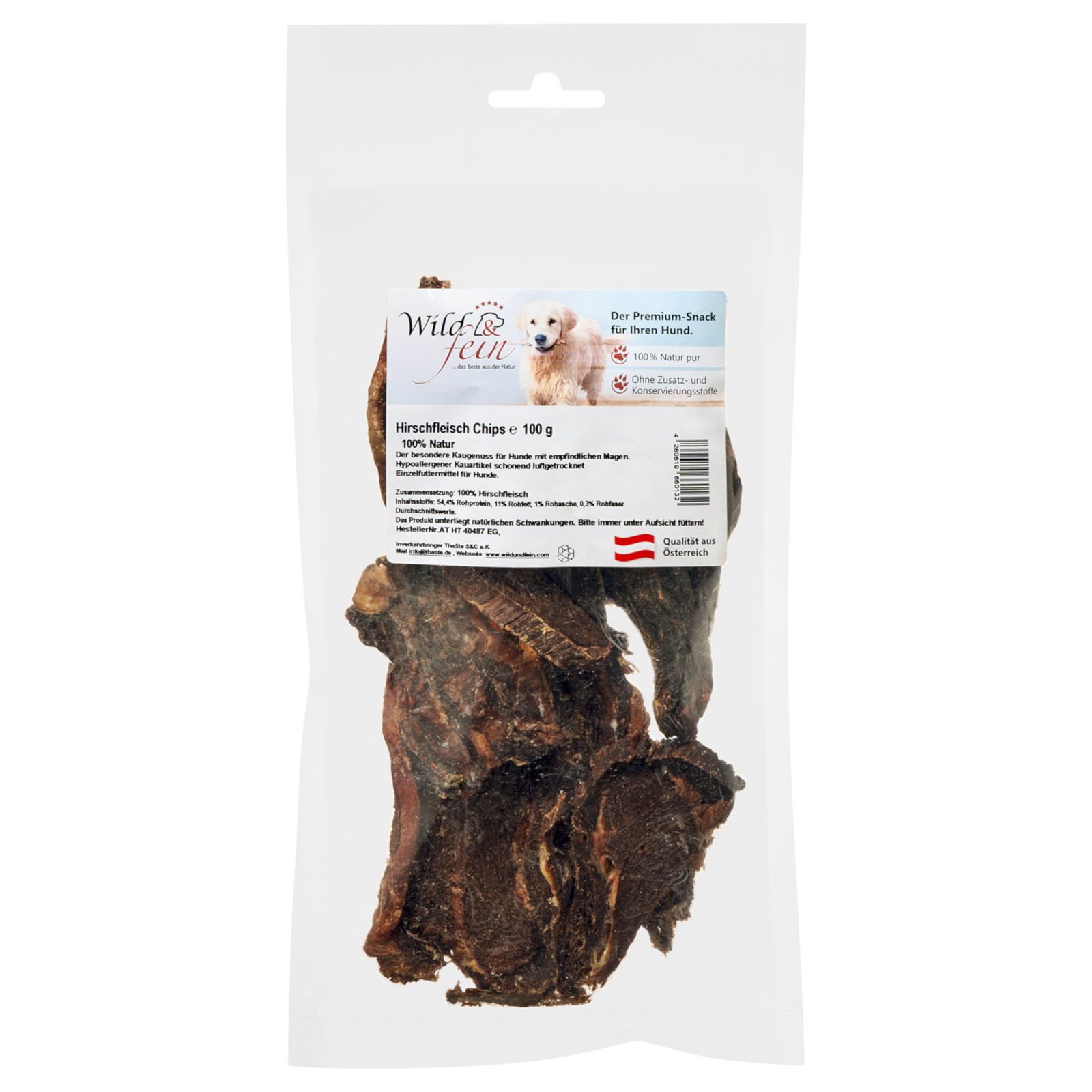 Wild & Fein Hirschfleisch Chips 100 g Fettarmer Hundekauartikel, Snack für: Hund