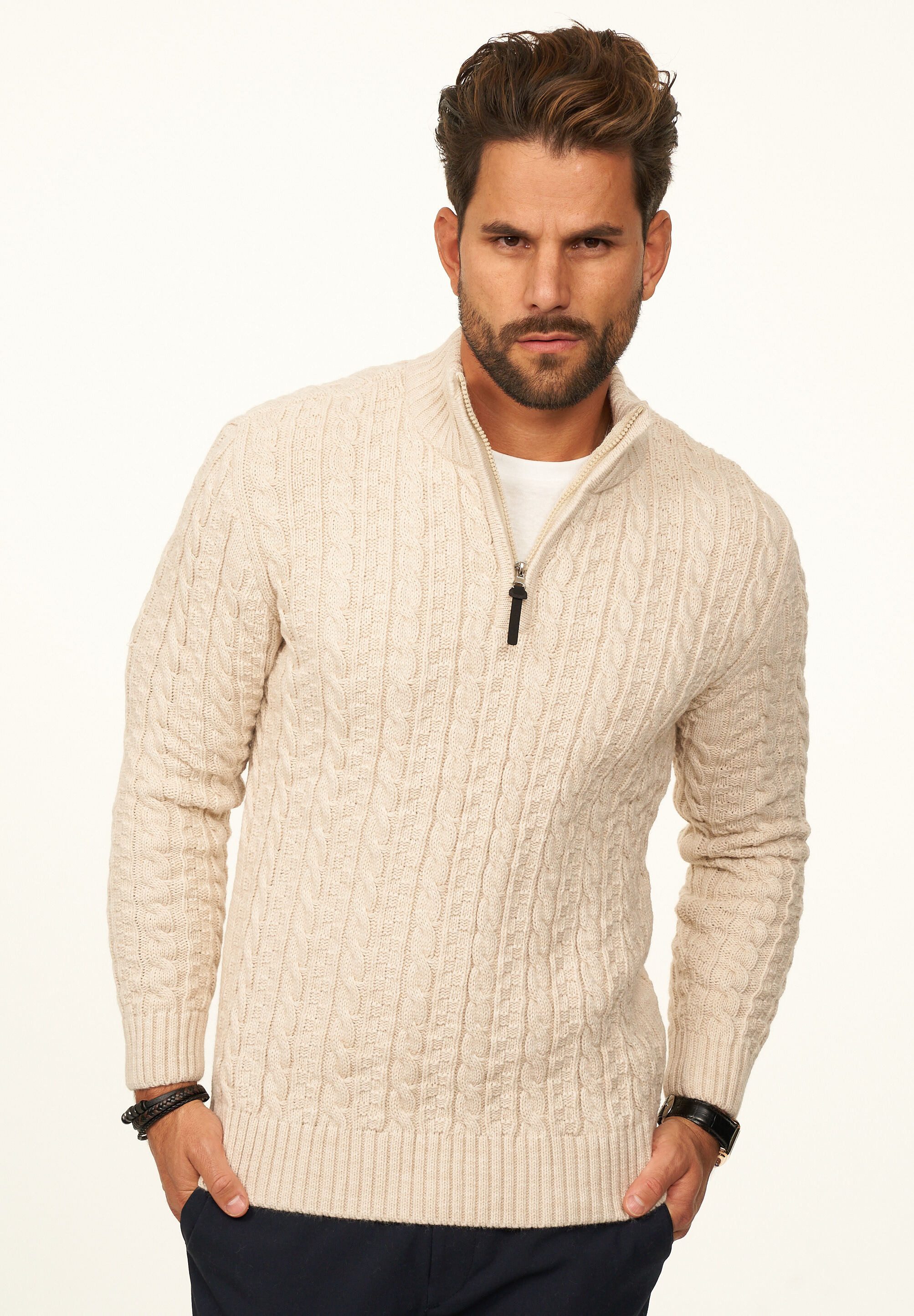 DAILY COTTON Вязаные свитера als Grobstrick Troyer Pulli mit Zopfmuster für Herren Männer Winterpullover Half-Zip im Regular-Fit